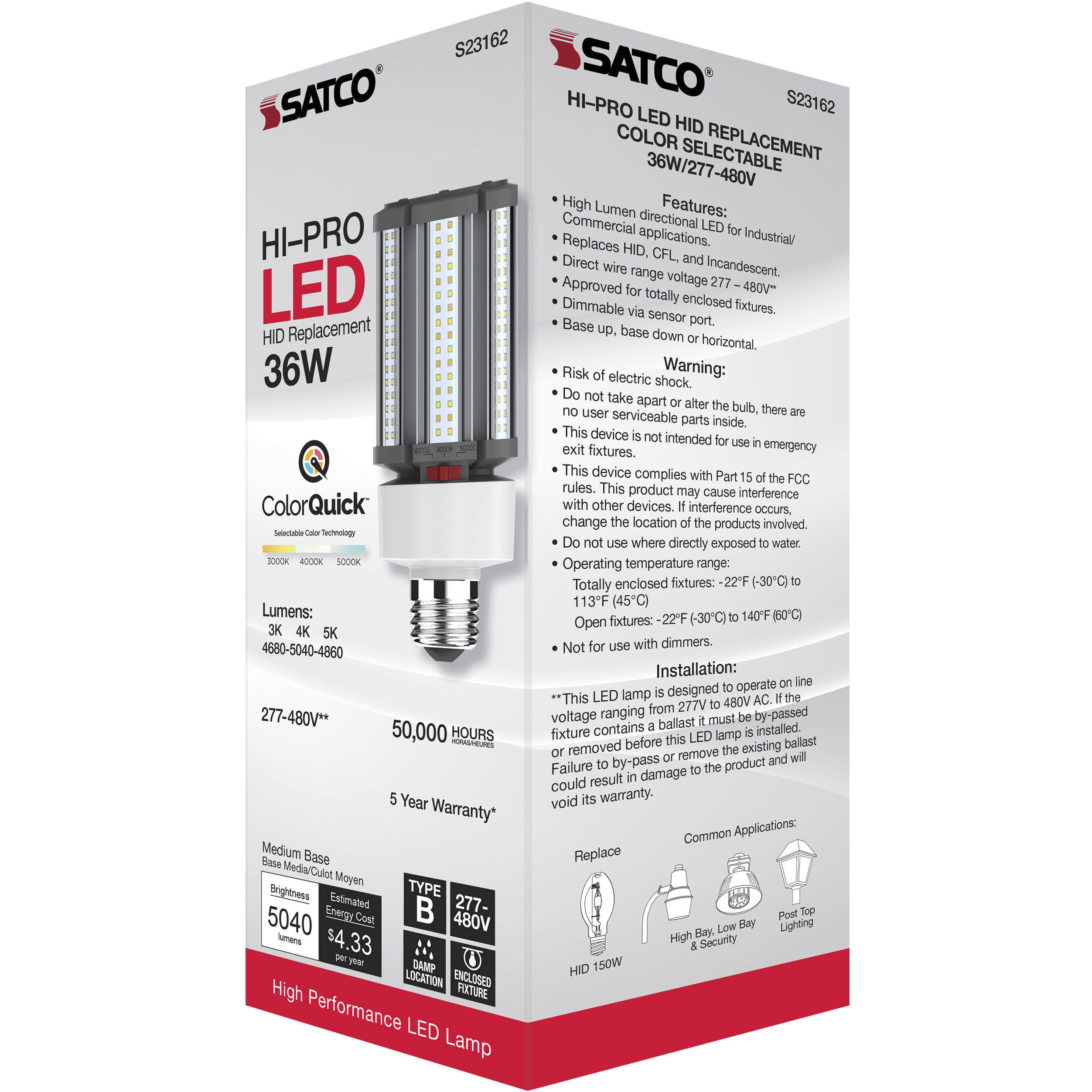 Lumos LED Medium 36 watt 277-480 3000K/4000K/5000K HID Replacements, HID Replacements
