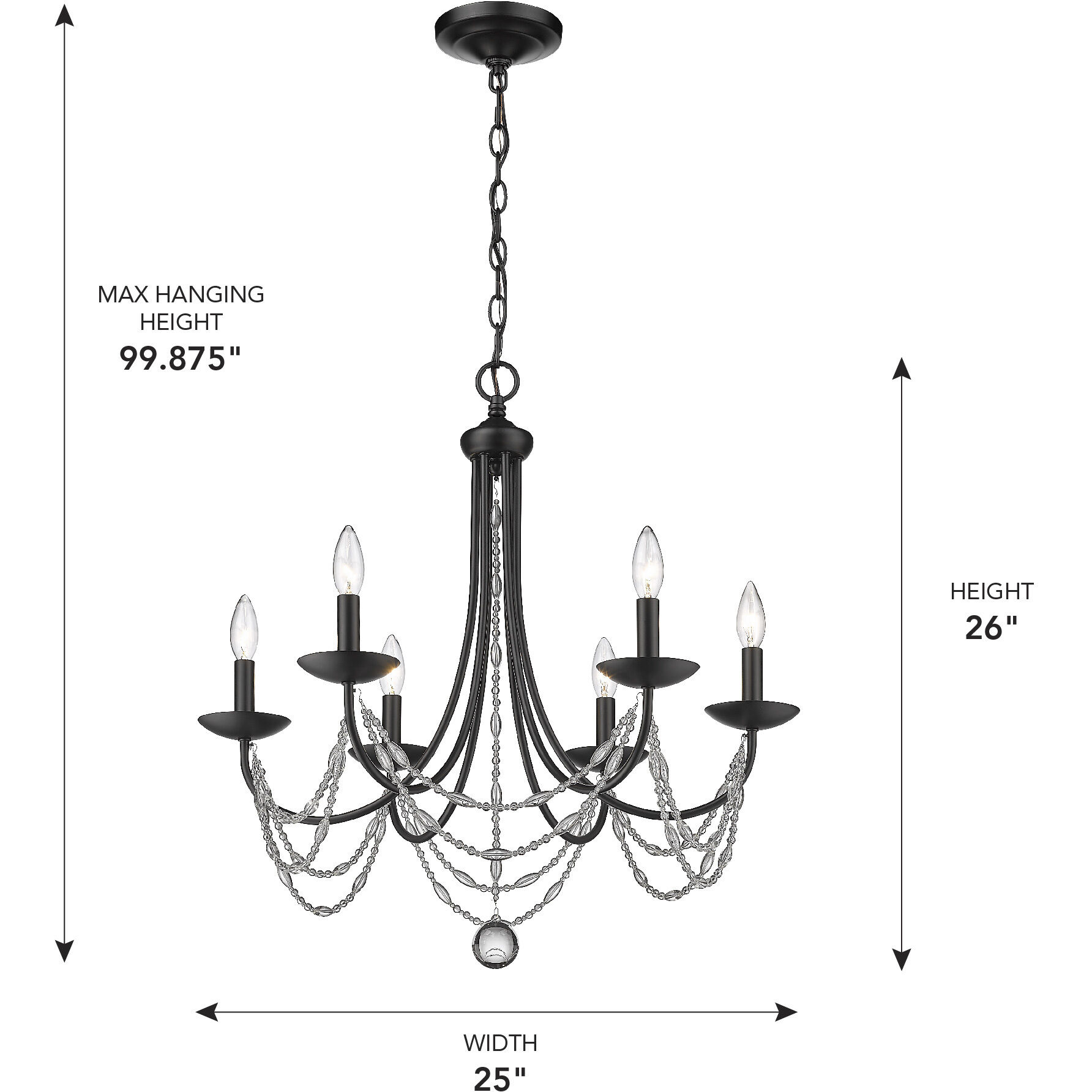 Mirabella 6 Light 25 inch Matte Black Chandelier Ceiling Light in No Shade