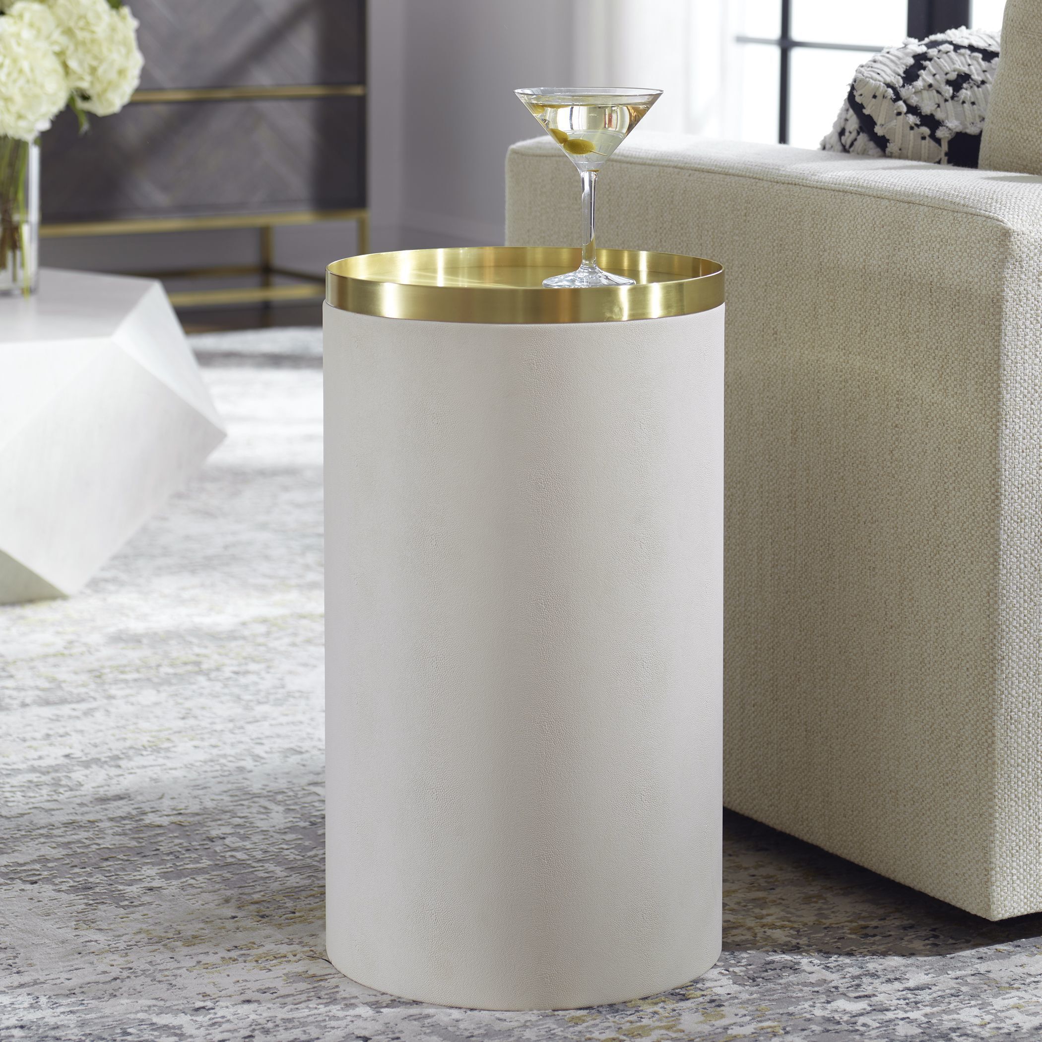 Circuit 24 X 13.75 inch Brushed Brass and White Faux Shagreen Accent Table