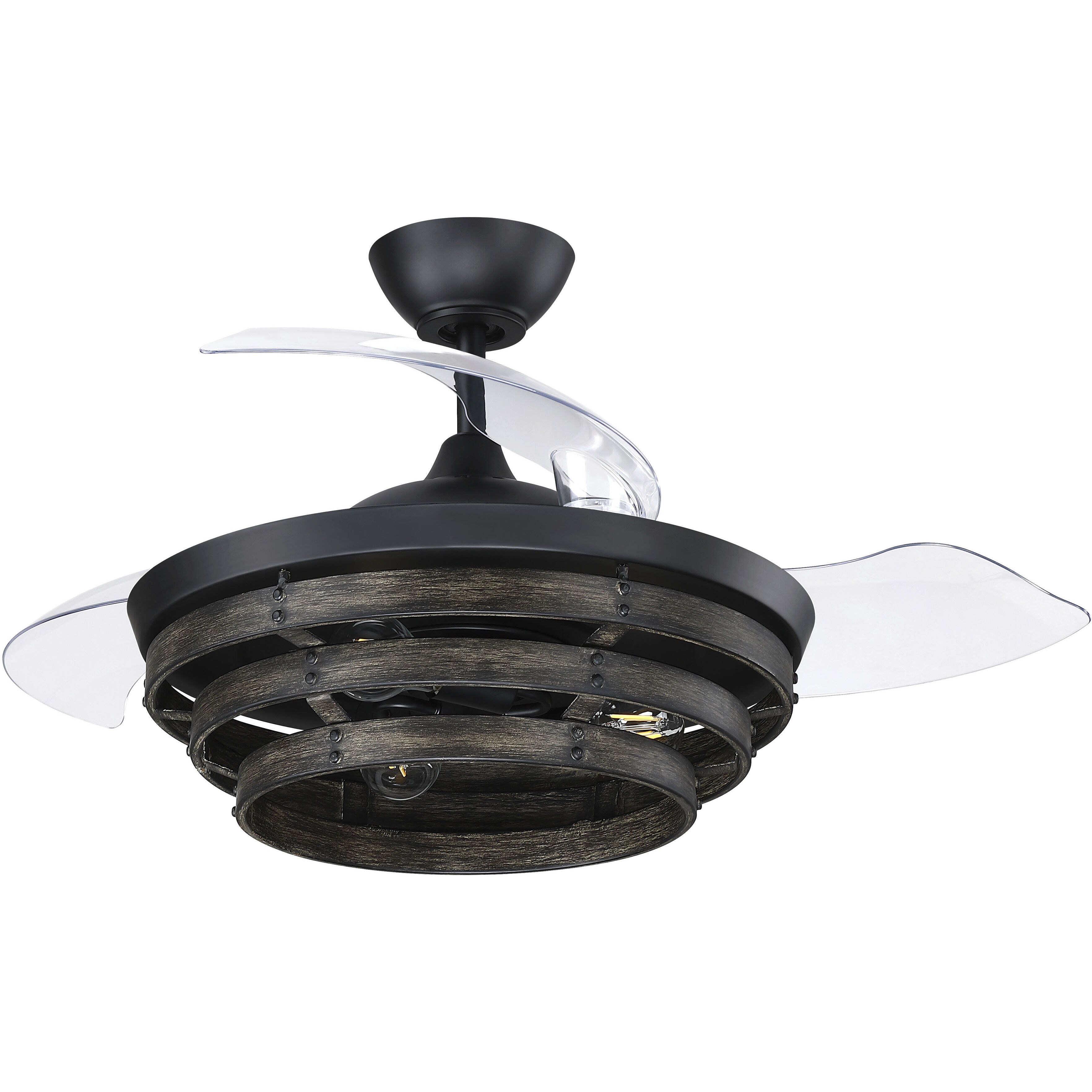 Whiskey 42 inch Flat Black with Clear Acrylic Blades Fan, Hidden Blades