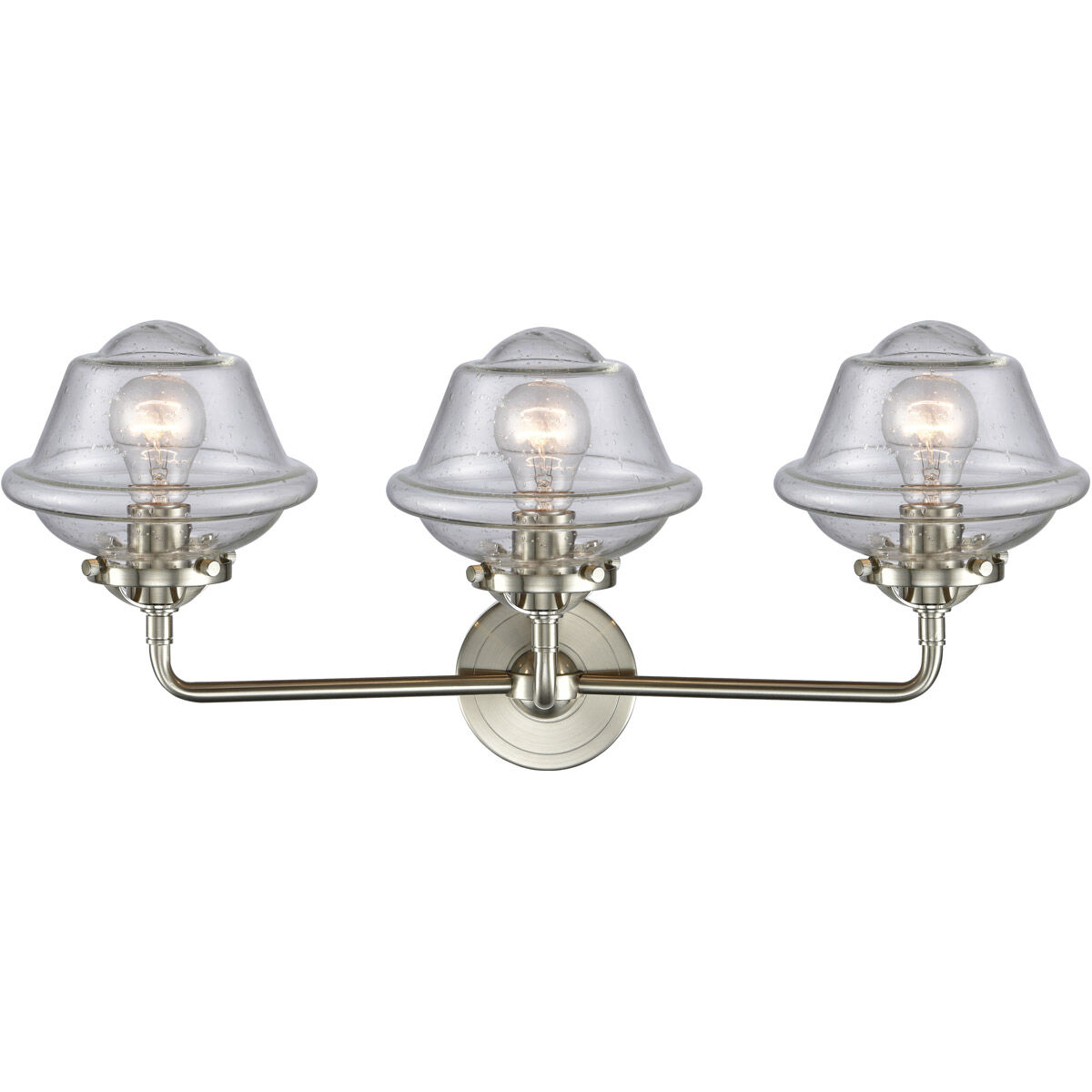 Nouveau Small Oxford 3 Light 26 inch Brushed Satin Nickel Bath Vanity Light Wall Light in Seedy Glass, Nouveau