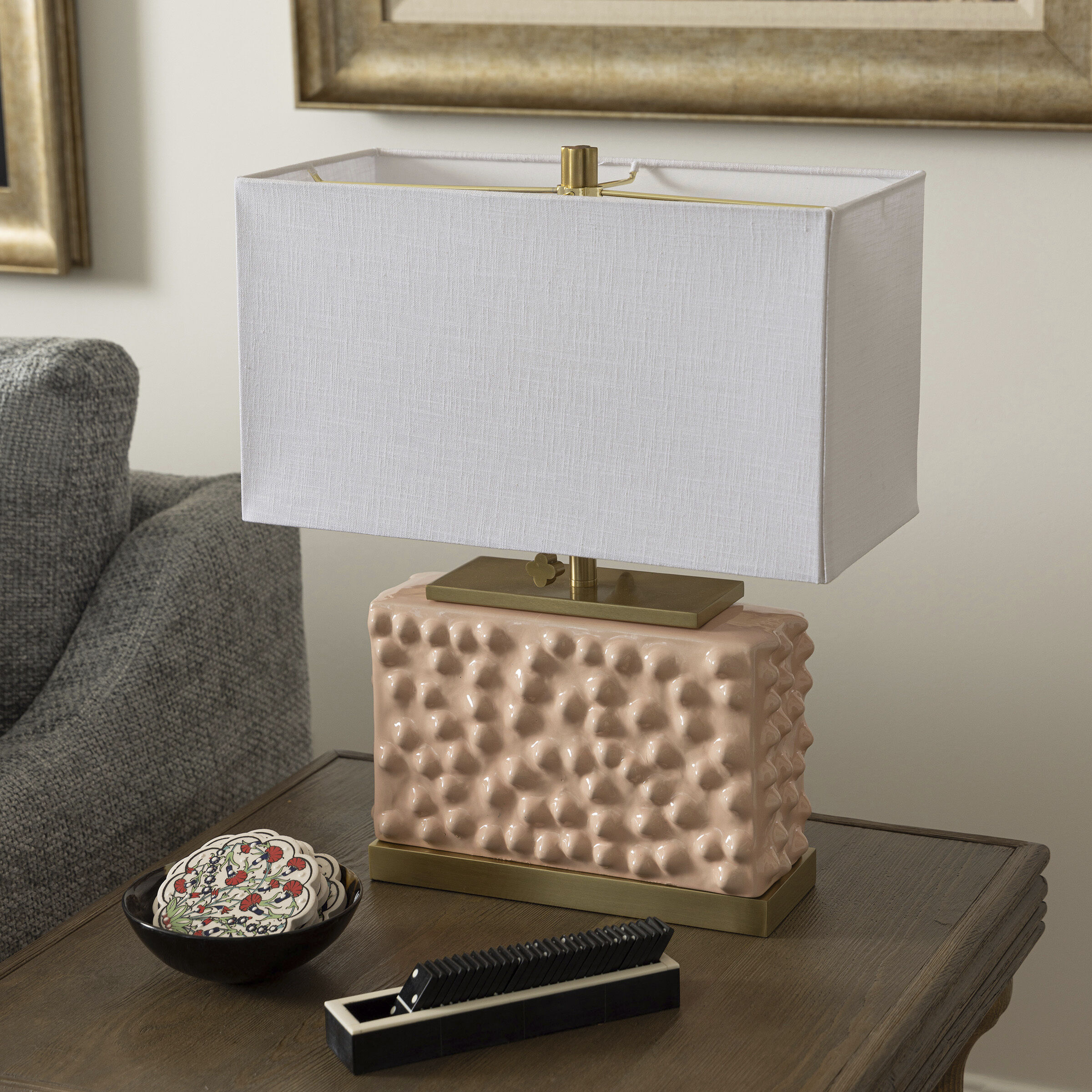 Edmund 21 inch 40 watt Pearl Blush and Polished Brass Table Lamp Portable Light