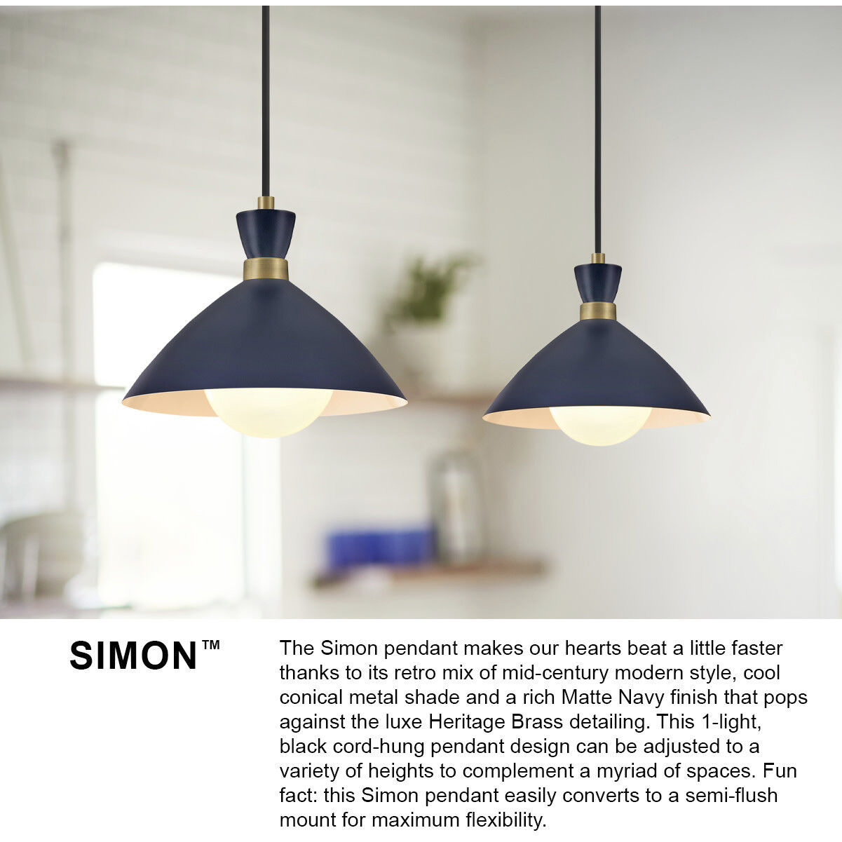 Simon LED 13 inch Matte Navy with Heritage Brass accents Pendant Ceiling Light, Semi-Flush Mount