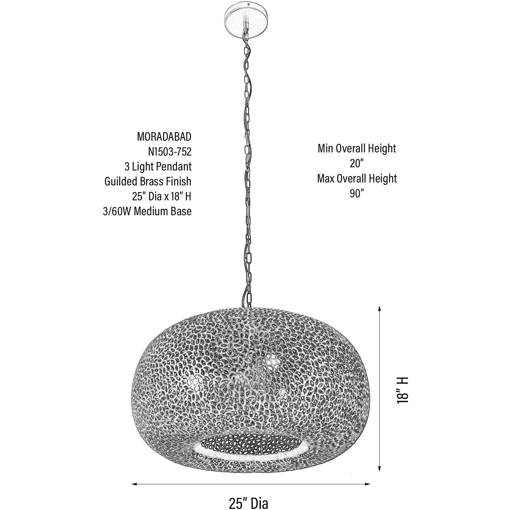 Moradabad 3 Light 24 inch Brass Antique Pendant Ceiling Light
