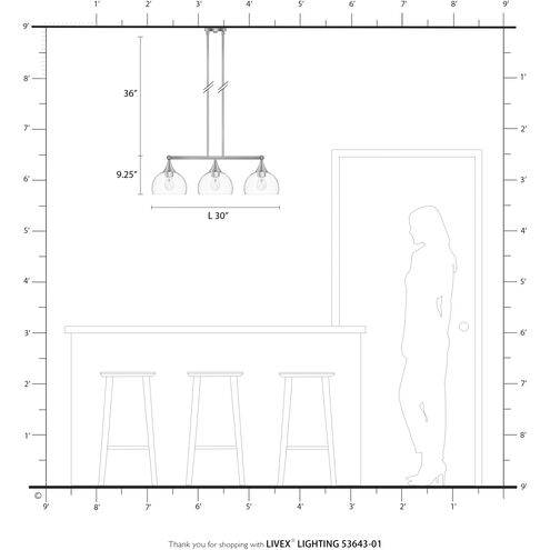 Glendon 3 Light 30 inch Antique Brass Linear Chandelier Ceiling Light