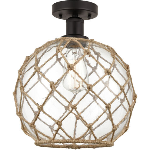 Edison Farmhouse Rope 1 Light 10 inch Oil Rubbed Bronze Semi-Flush Mount Ceiling Light in Clear Glass with Brown Rope