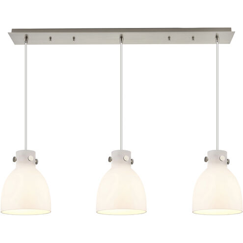 Newton Bell 3 Light 39.75 inch Brushed Satin Nickel Linear Pendant Ceiling Light in White Glass