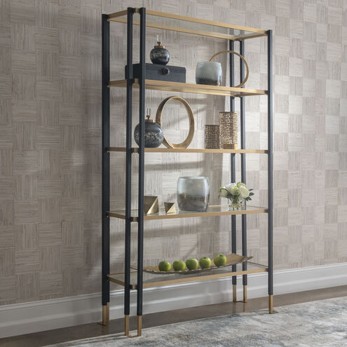 Kentmore 79 X 47 inch Matte Black and Brushed Gold with Clear Glass Etagere