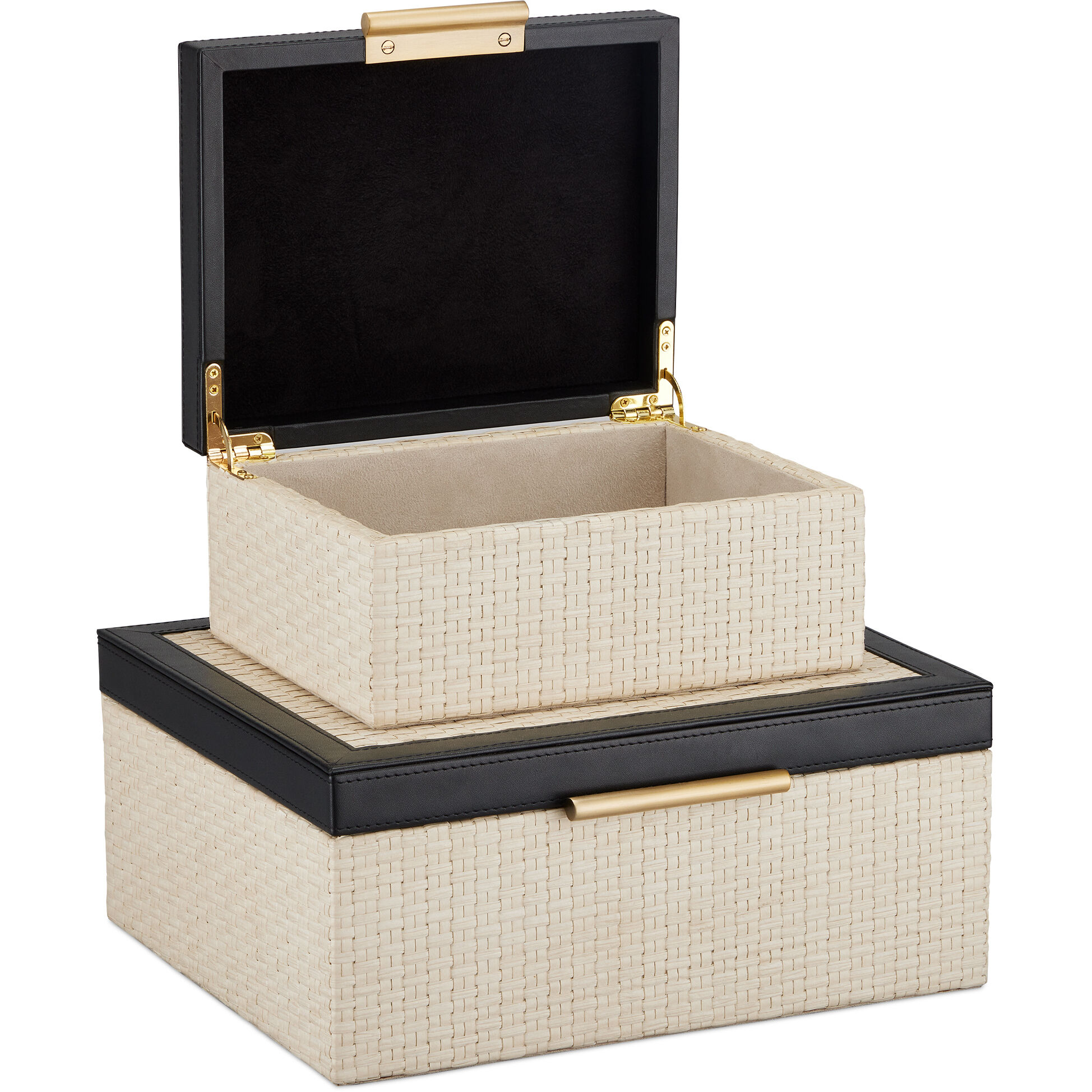 Deanna 12 inch Ivory and Black and Light Antique Brass and Beige Boxes, Set of 2