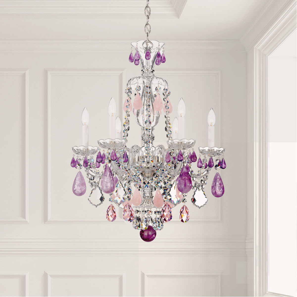 Hamilton Rock Crystal 6 Light 22 inch Silver Chandelier Ceiling Light in Polished Silver, Rock Amethyst