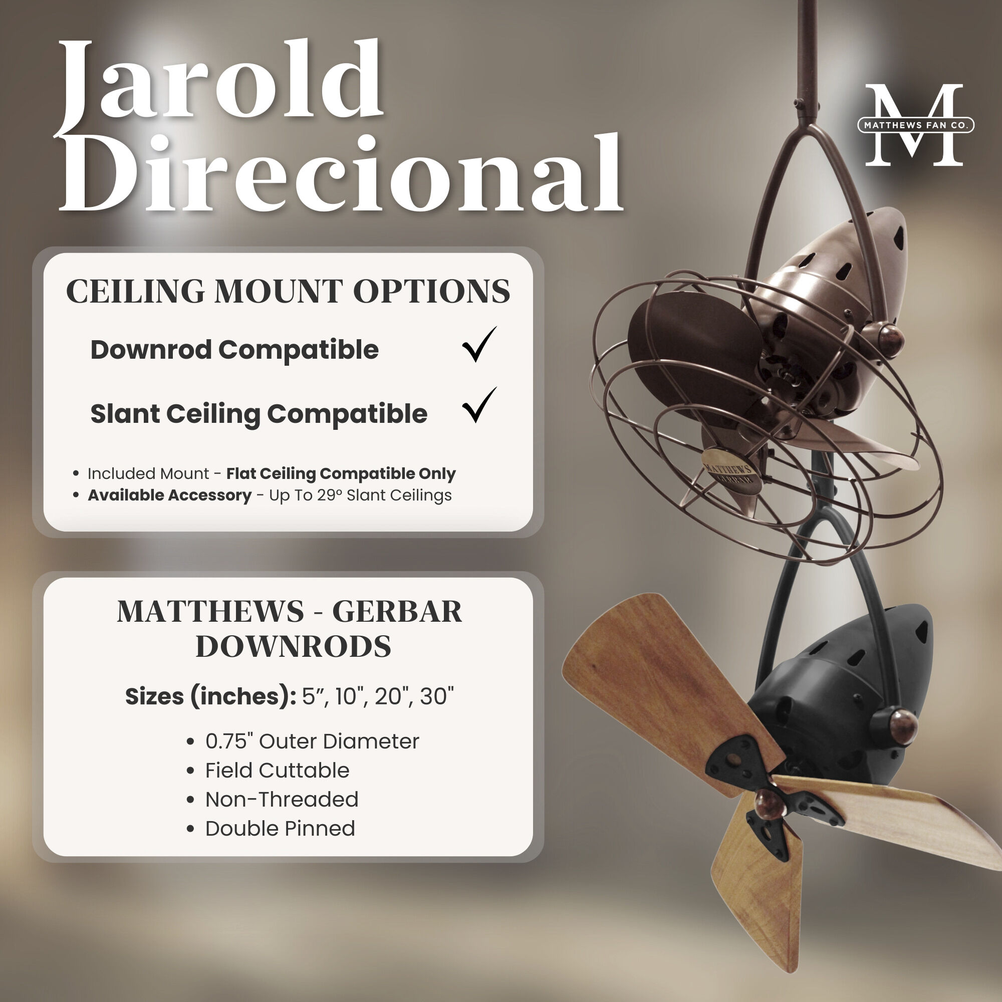 Matthews-Gerbar Jarold Direcional 16 inch Polished Chrome with Solid Mahogany Wood Blades Directional Ceiling Fan, Matthews-Gerbar