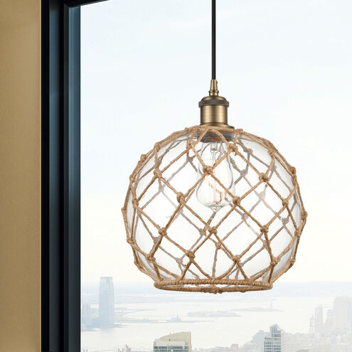 Ballston Farmhouse Rope 1 Light 10 inch Brushed Brass Mini Pendant Ceiling Light in Bulb Not Included, Clear Glass with Brown Rope, Ballston
