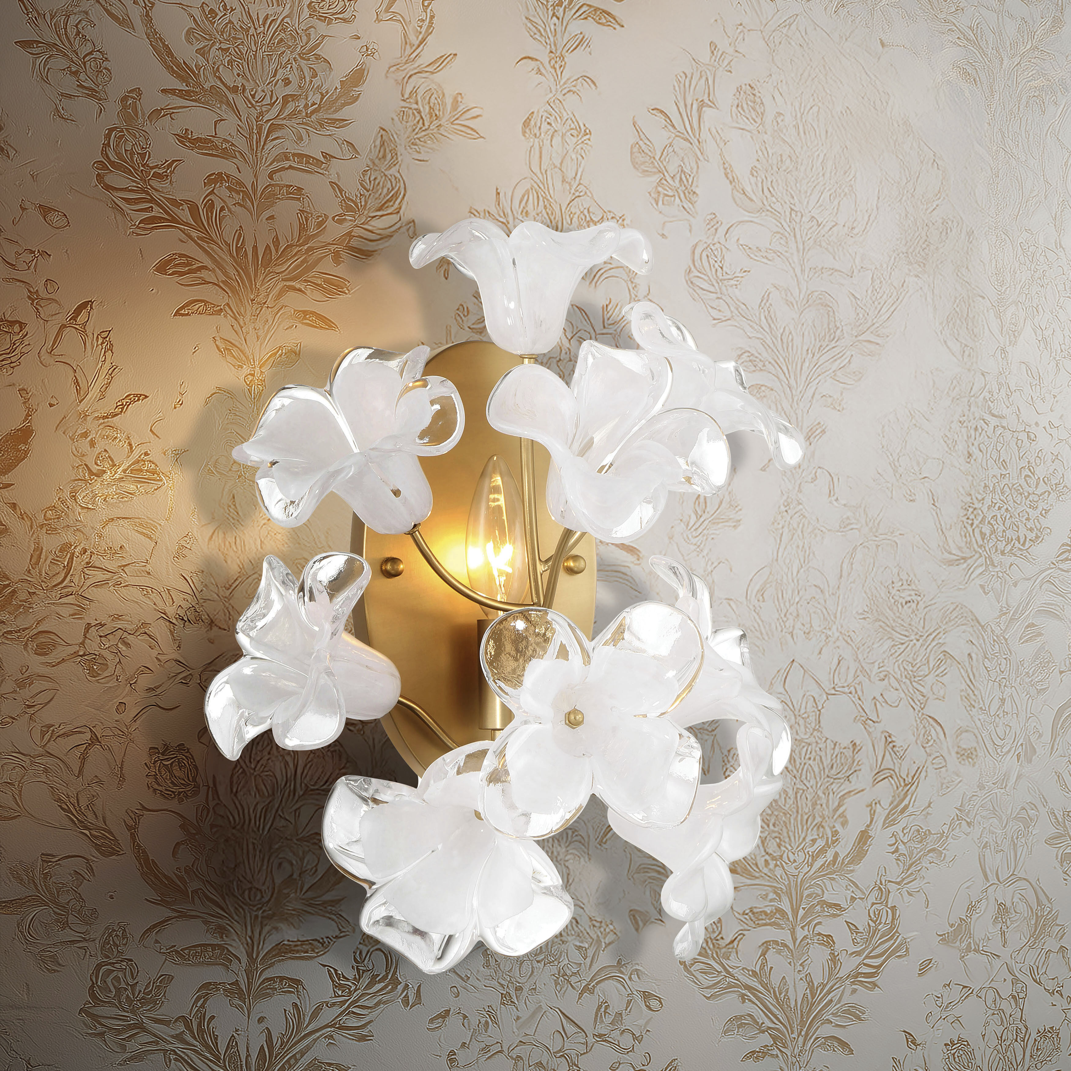 Bloome Wall Sconce Wall Light in Legacy Brass, Clear Handmade Glass