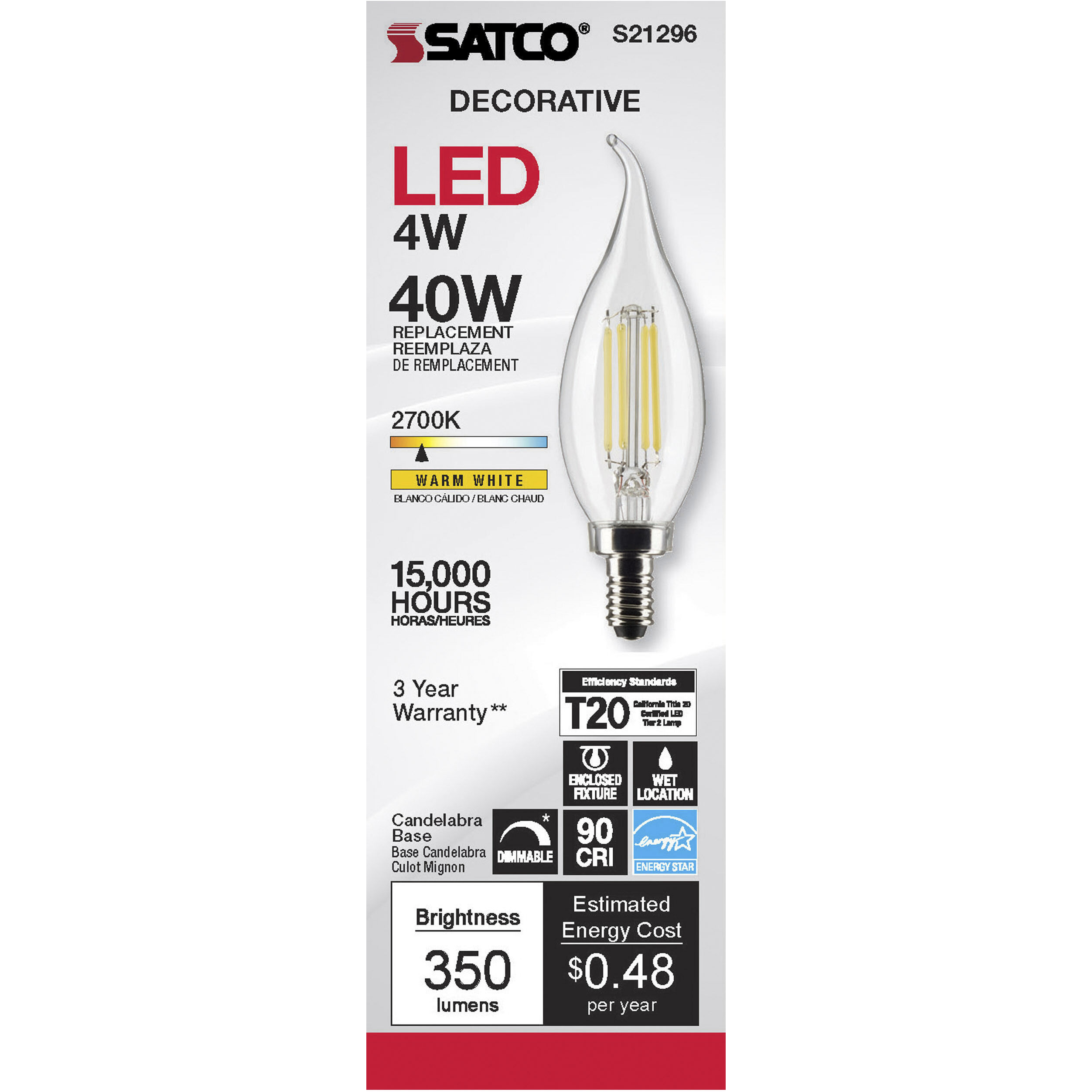 Lumos LED Candelabra Candelabra 4.00 watt 2700K LED Filament