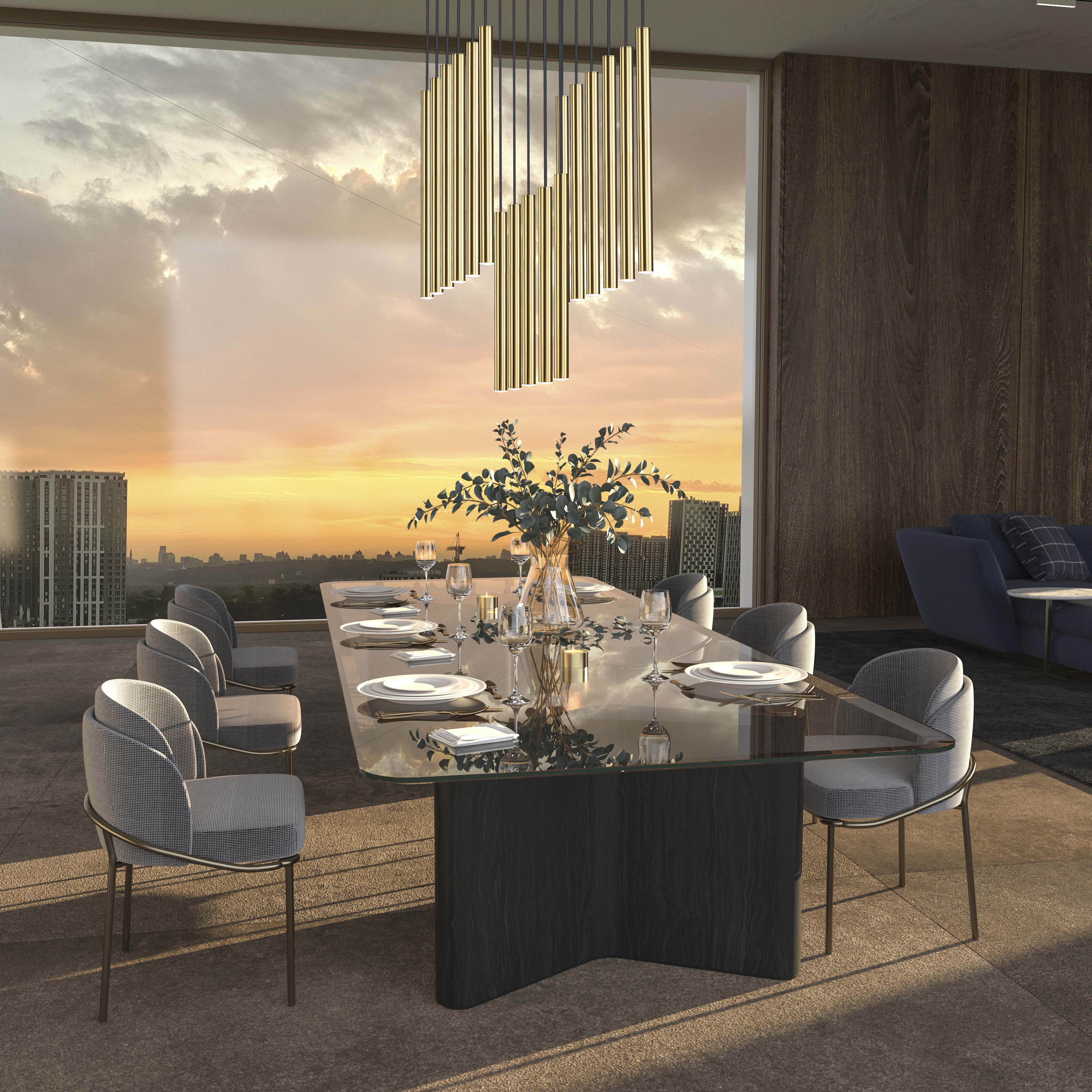 Forest Linear Chandelier Ceiling Light in Modern Gold