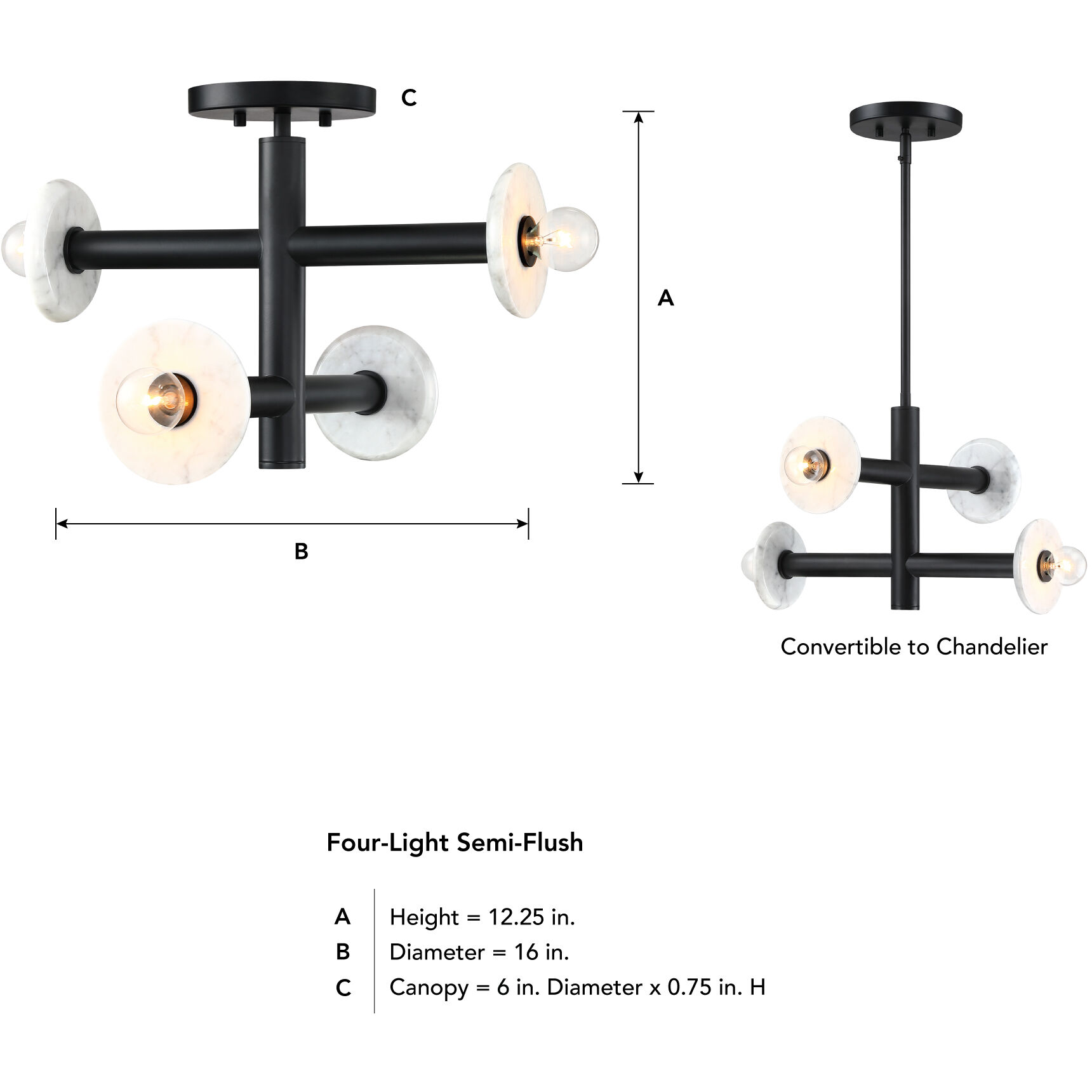 Fina 4 Light 16 inch Matte Black Semi Flush/Convertible Ceiling Light