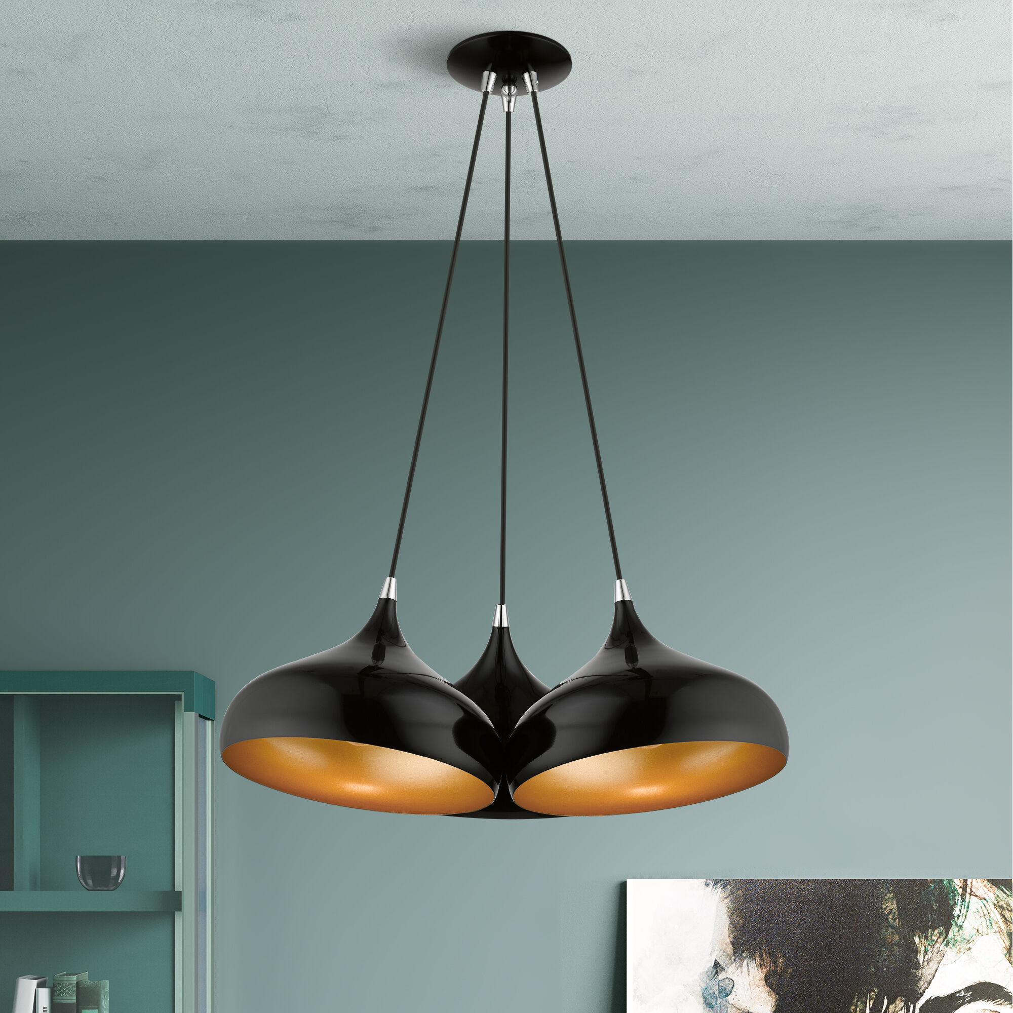 Amador 3 Light 25 inch Shiny Black with Polished Chrome Accents Cluster Pendant Ceiling Light