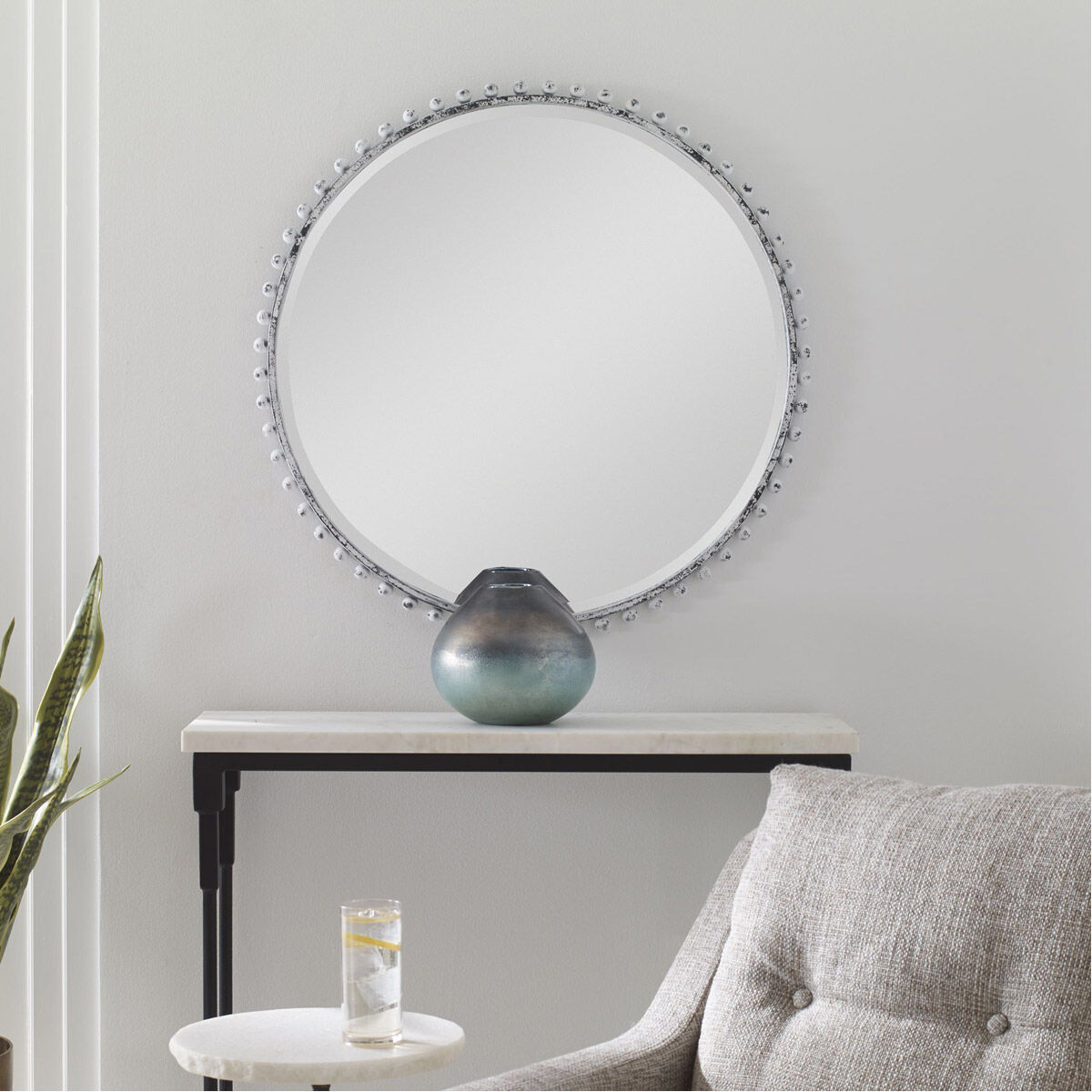 Taza 32 X 32 inch Distressed Aged White with Rustic Black Undertones Wall Mirror, Round