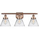 Ballston Large Cone 3 Light 26 inch Antique Copper Bath Vanity Light Wall Light in Clear Glass