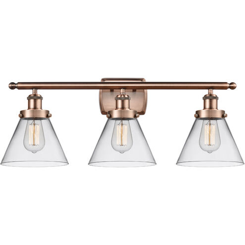 Ballston Large Cone 3 Light 26 inch Antique Copper Bath Vanity Light Wall Light in Clear Glass