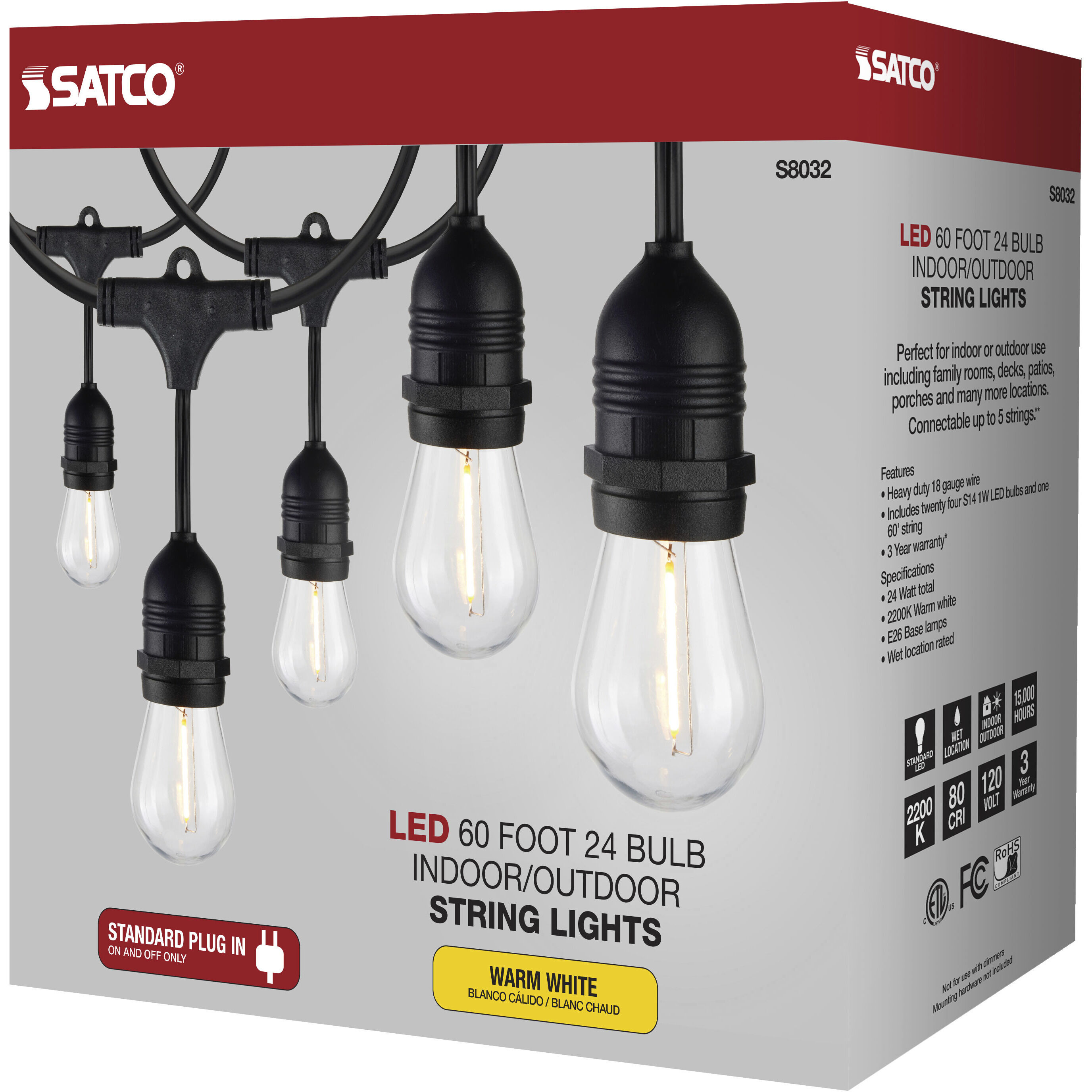 Satco S8032 Lumos 24 Light LED 60 foot Black LED String Lights
