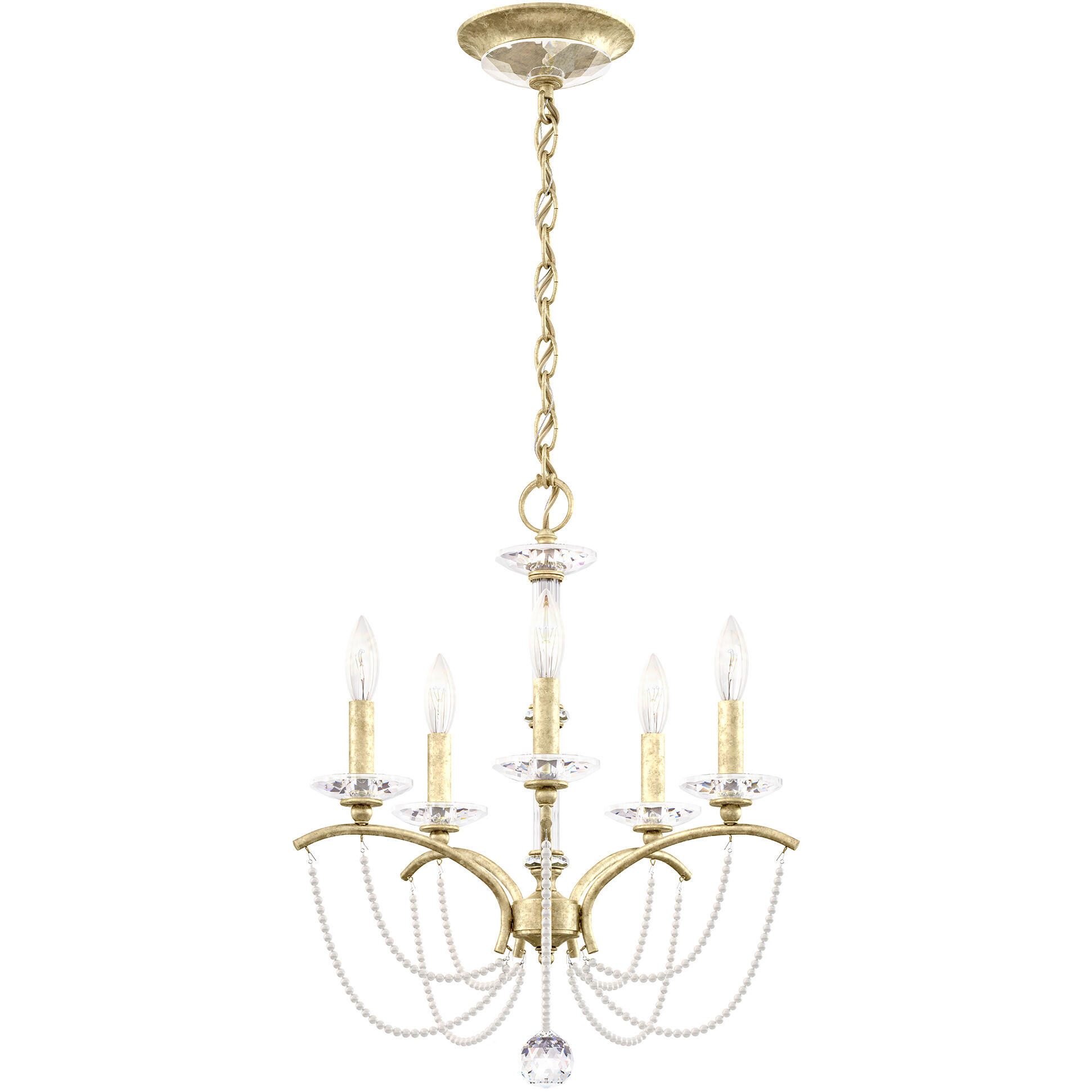 Priscilla 5 Light Heirloom Silver Chandelier Ceiling Light in White Pearl, Adjustable Height
