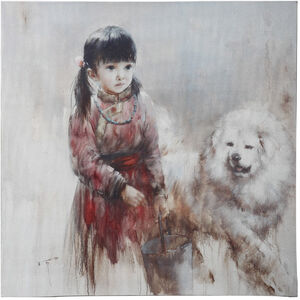 Little Girl and Dog Multicolor Wall Art