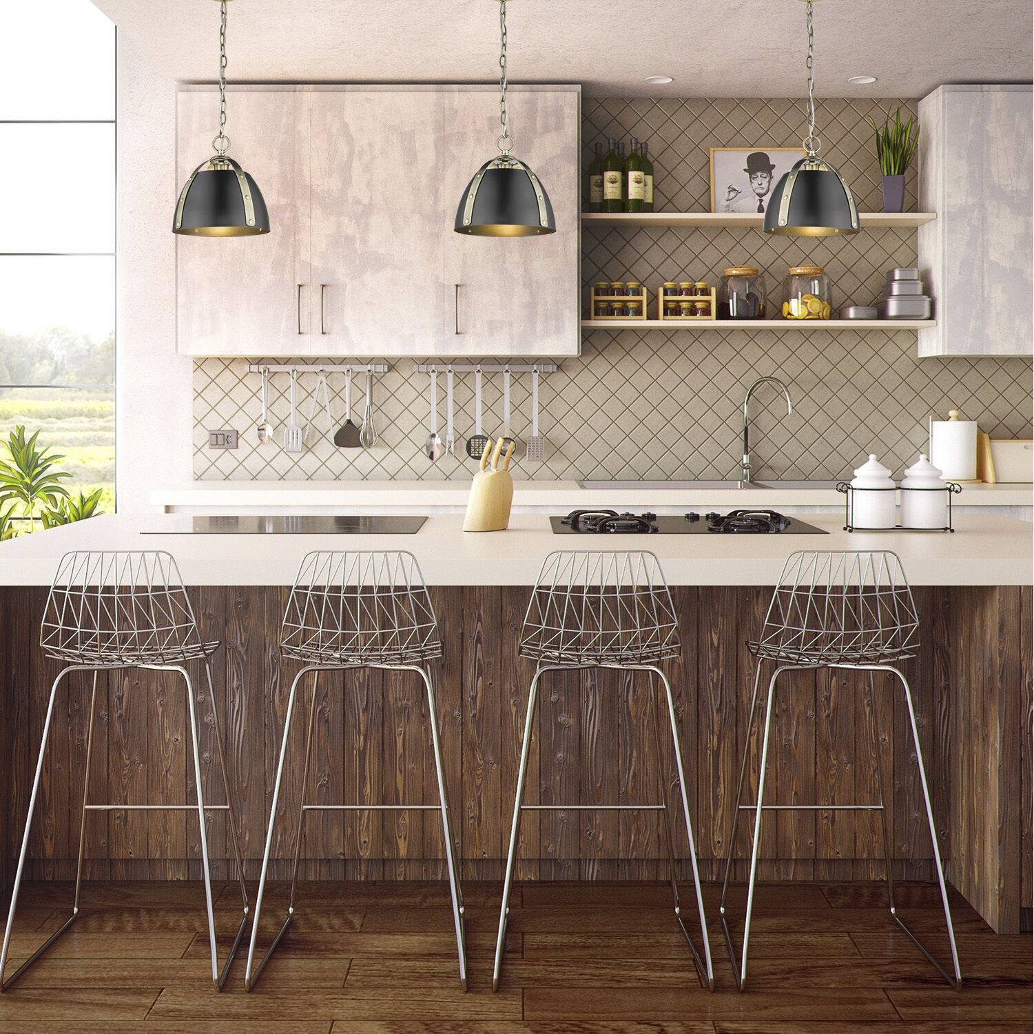 Aldrich Pendant Ceiling Light in Aged Brass, Matte Black, Small