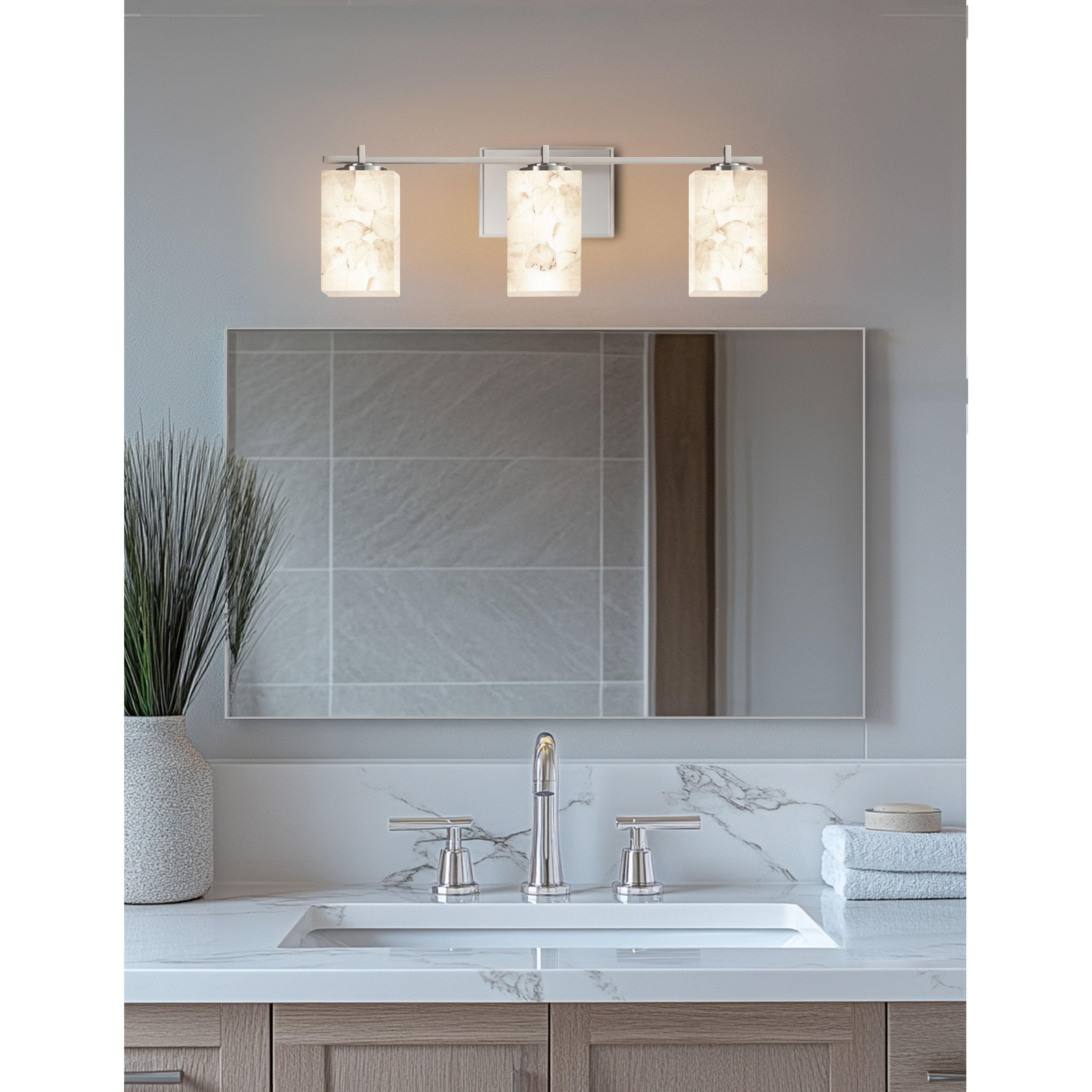 Alabaster Rocks 3 Light 24 inch Brushed Nickel Vanity Light Wall Light in LED, Square with Flat Rim
