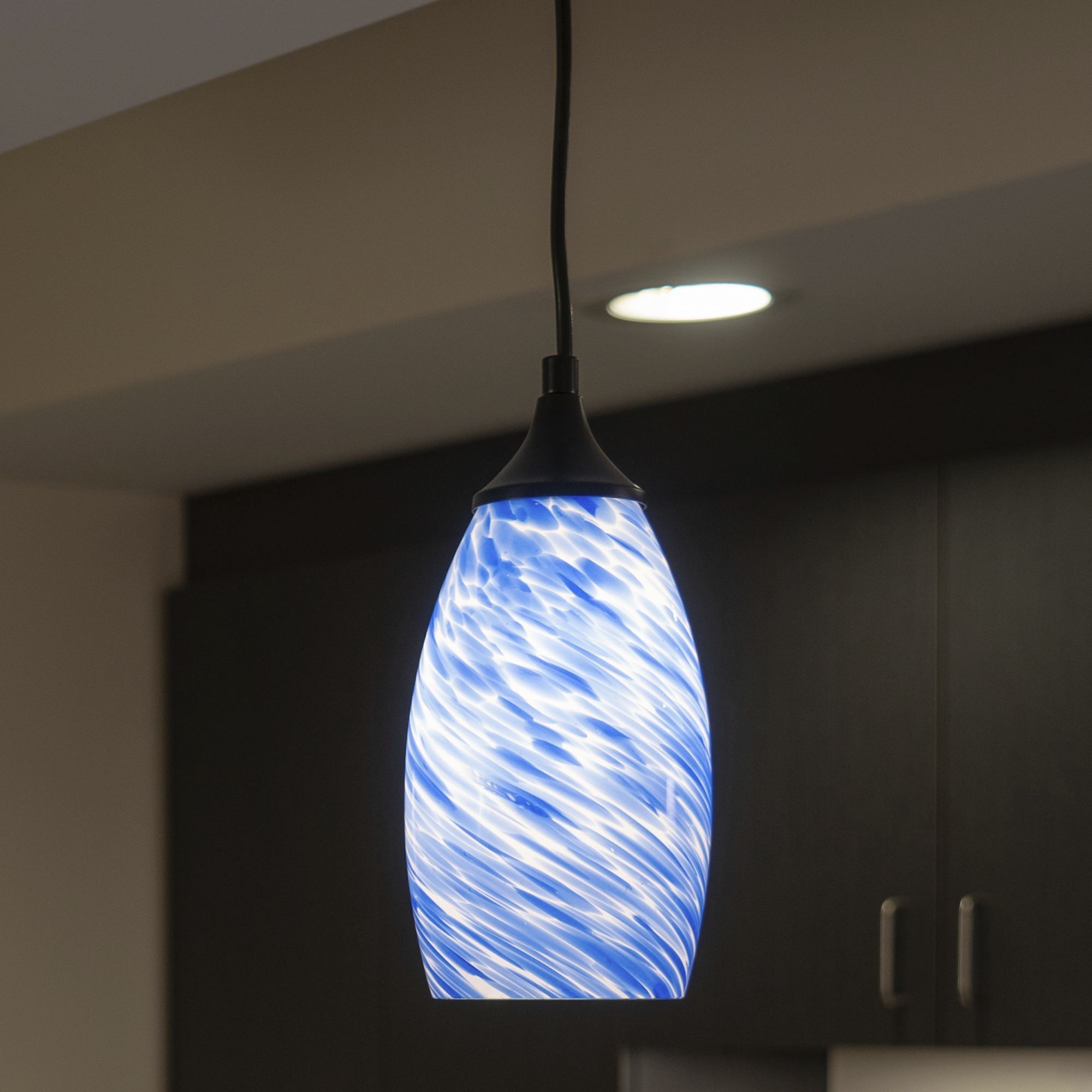 Milano LED 4.75 inch Matte Black Mini Pendant Ceiling Light in Azurra Glass