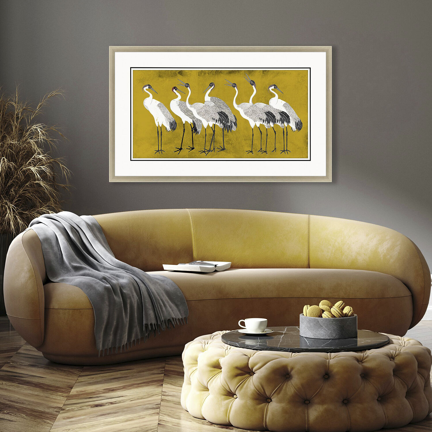 Song of the Crane Yellow and Black and Multi and White Framed Art