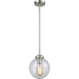Nouveau Large Beacon LED 8 inch Brushed Satin Nickel Mini Pendant Ceiling Light in Clear Glass, Nouveau