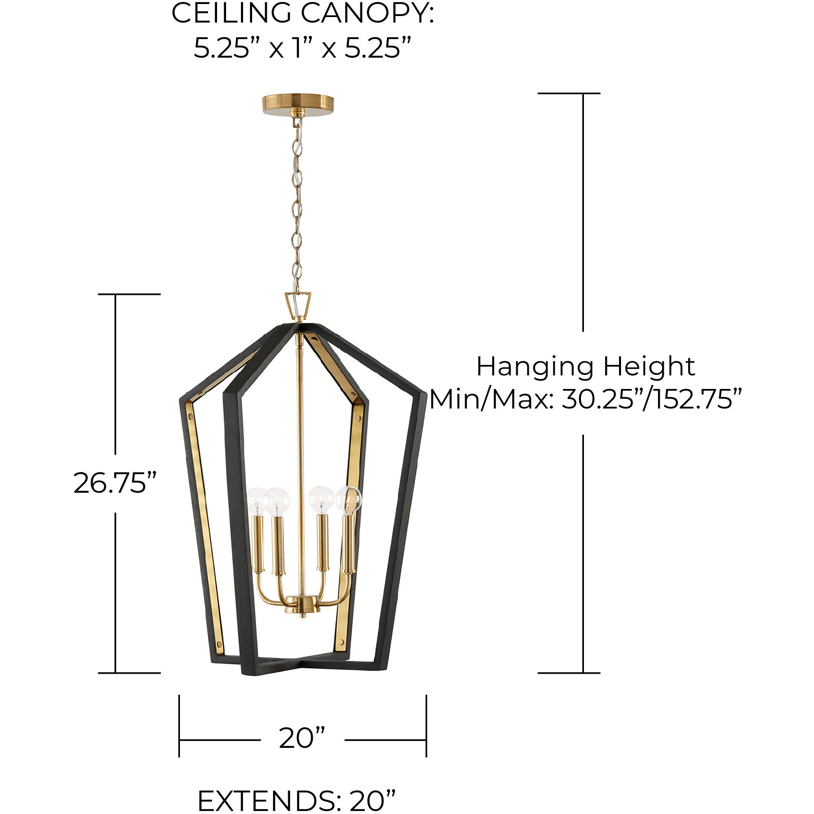 Maren 4 Light 20 inch Flat Black and Matte Brass Pendant Ceiling Light