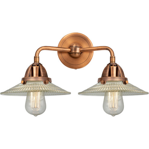 Nouveau 2 Halophane LED 17 inch Antique Copper Bath Vanity Light Wall Light in Clear Halophane Glass