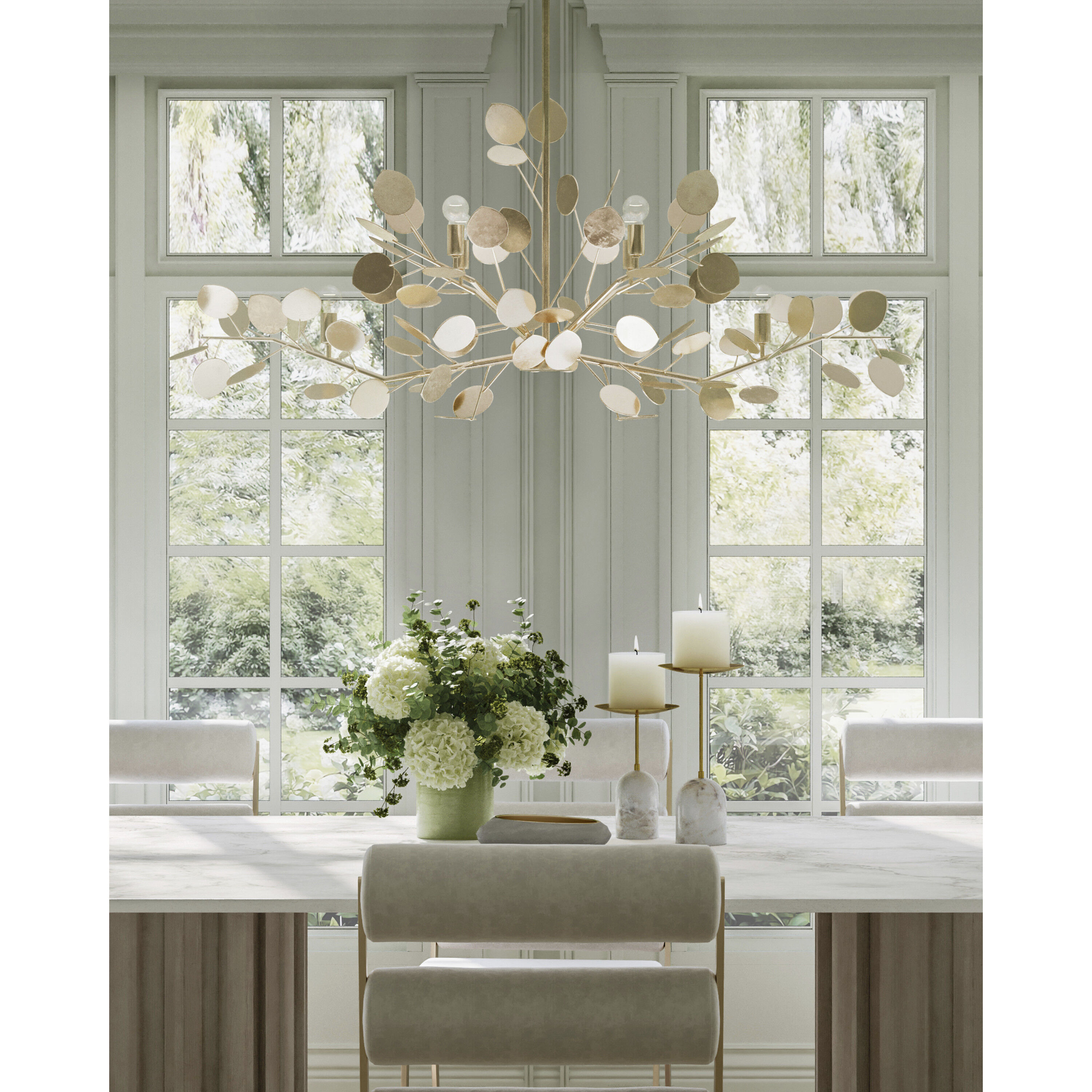 Currey Company 9000 0816 Lunaria 6 Light 51 inch Contemporary Silver Leaf Chandelier Ceiling Light