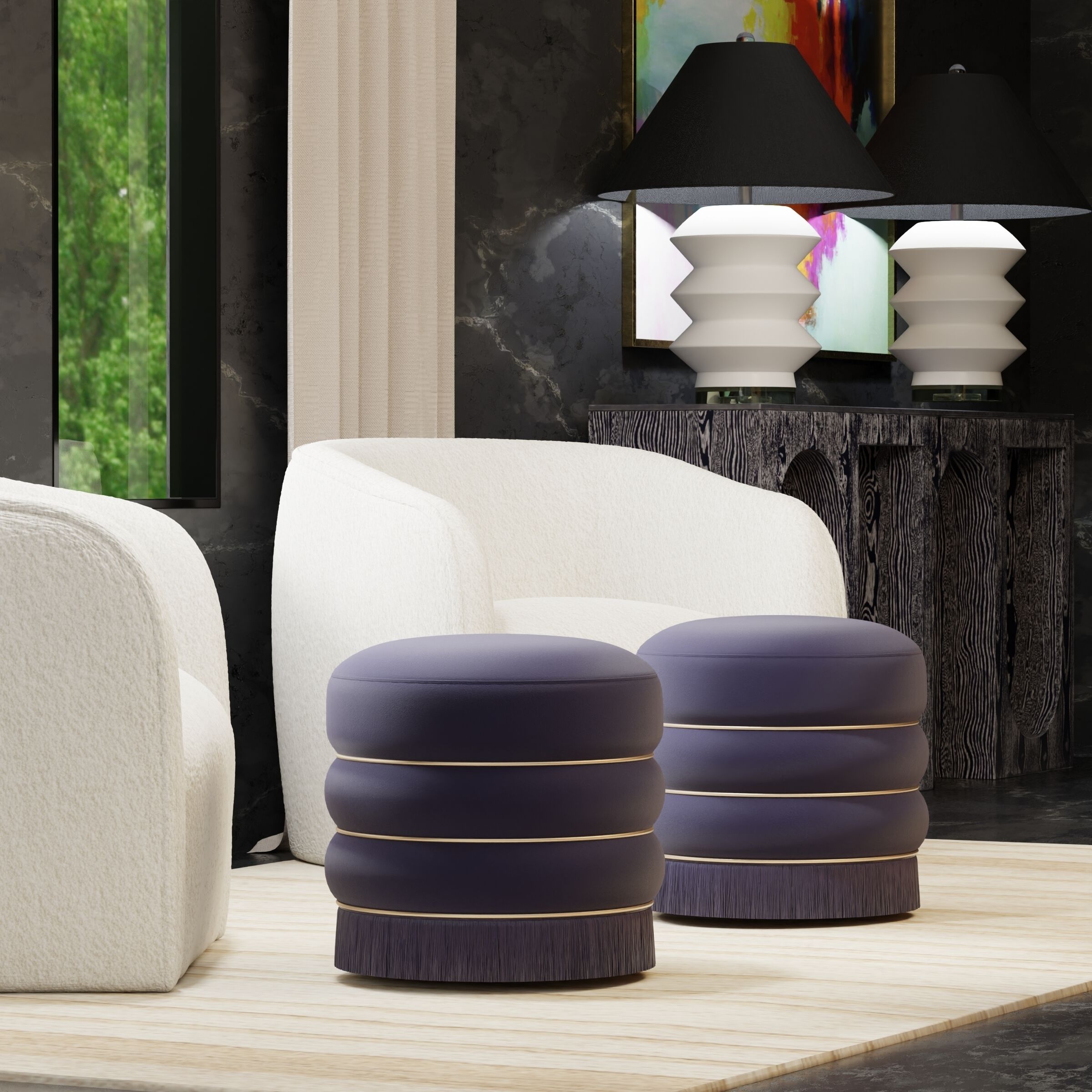 Chandra 15.7 inch Black and Brass Ottoman