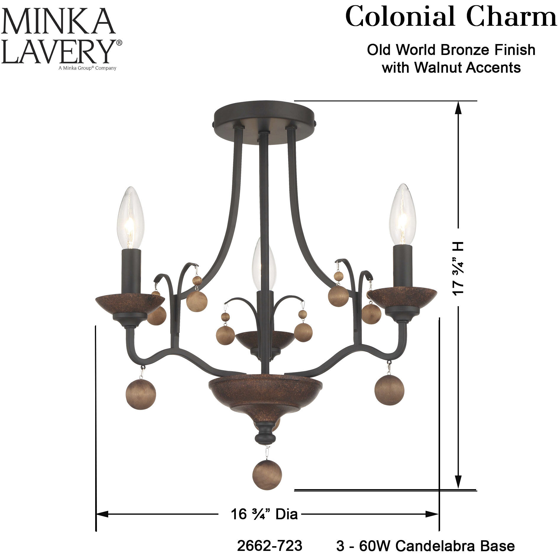 Colonial Charm 3 Light 16.75 inch Old World Bronze with Walnut Semi Flush Ceiling Light