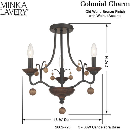 Colonial Charm 3 Light 16.75 inch Old World Bronze with Walnut Semi Flush Ceiling Light