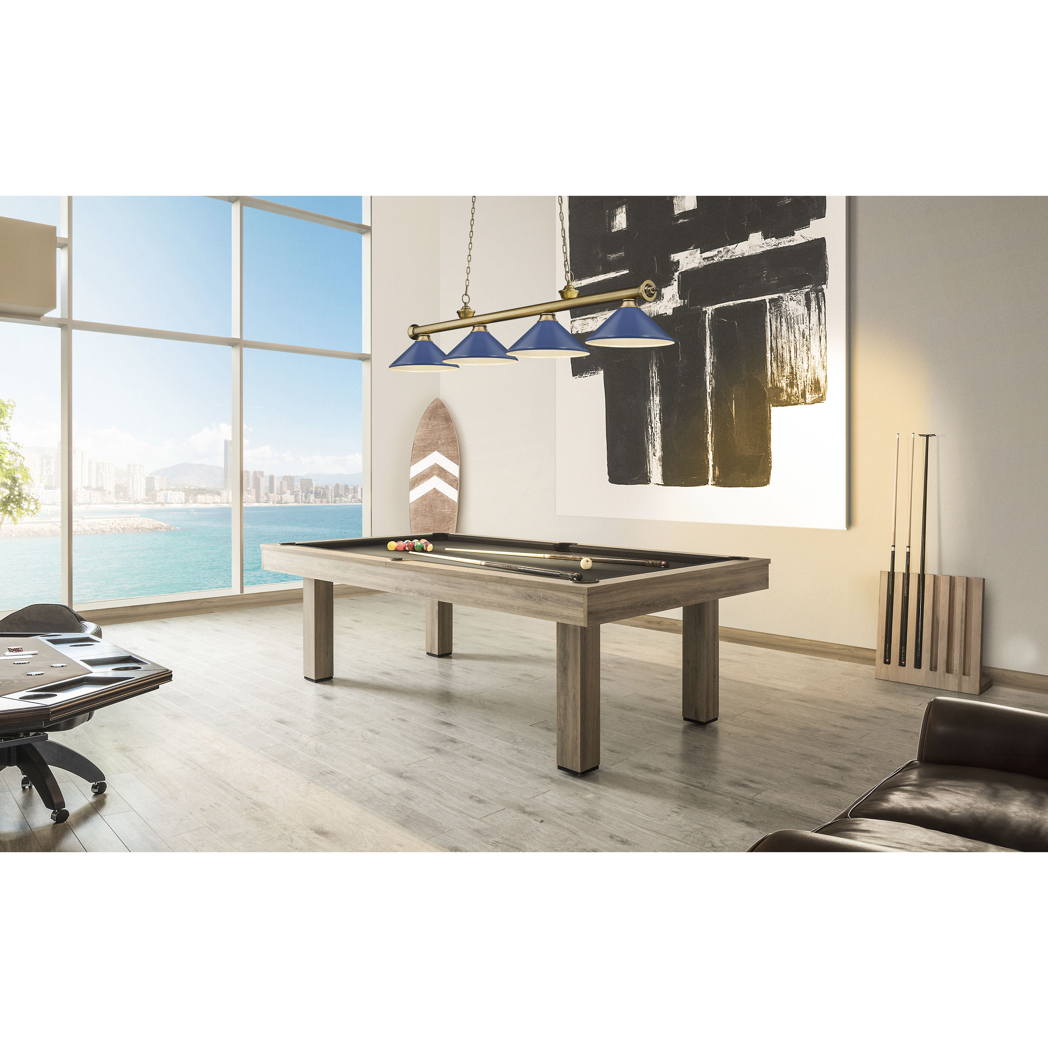 Cordon 4 Light 81.75 inch Rubbed Brass Billiard Ceiling Light in Navy Blue Steel