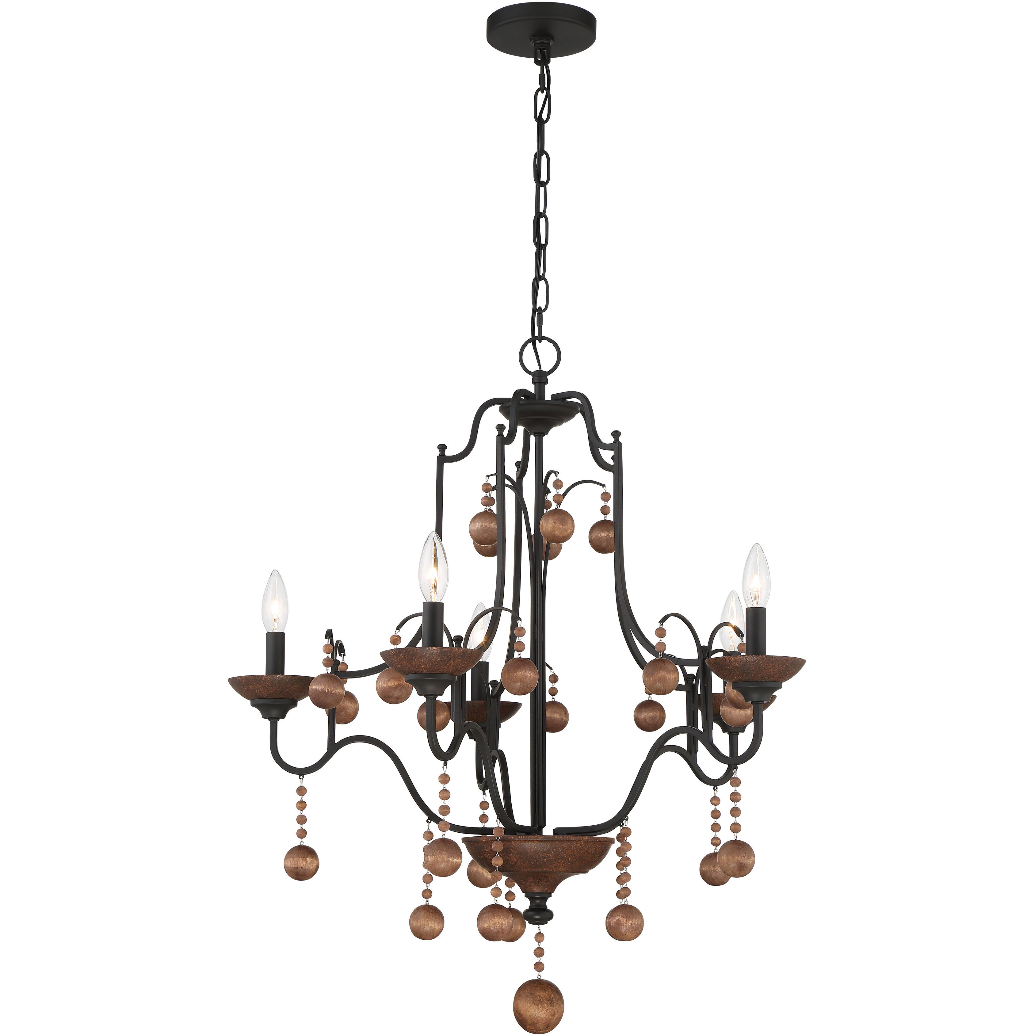 Colonial Charm 5 Light 28 inch Old World Bronze/Walnut Accents Chandelier Ceiling Light
