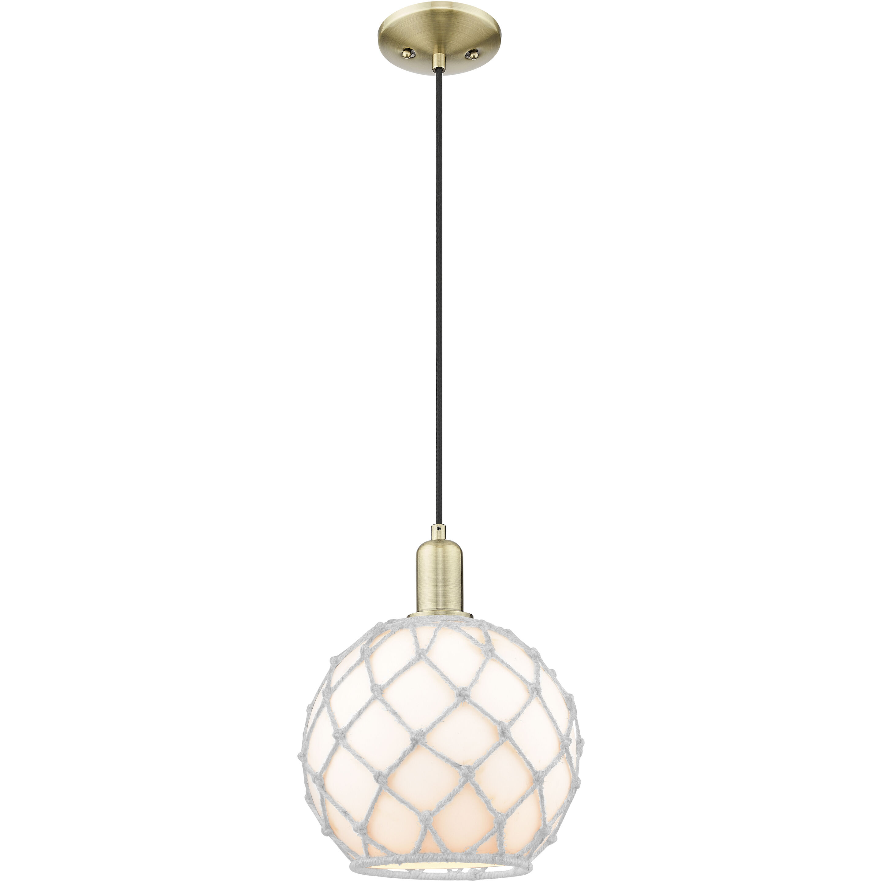 Arcadia Farmhouse Rope 1 Light 10 inch Antique Brass Mini Pendant Ceiling Light in White Glass with White Rope