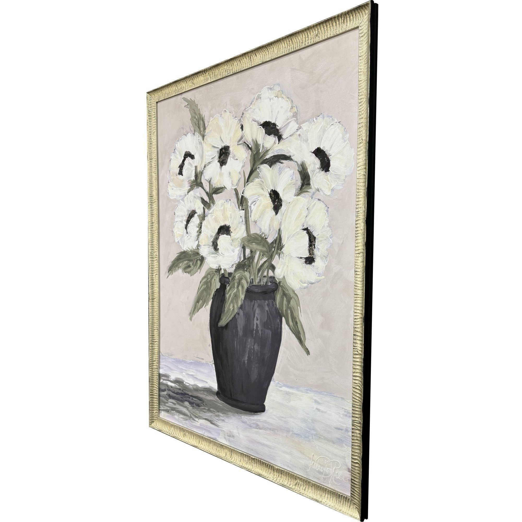 White Flowers White and Beige and Black and Green Framed Art