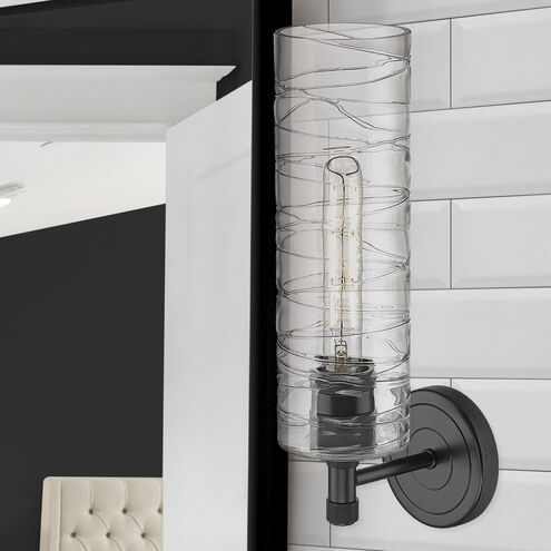 Crown Point Sconce Wall Light in Matte Black, Deco Swirl Glass