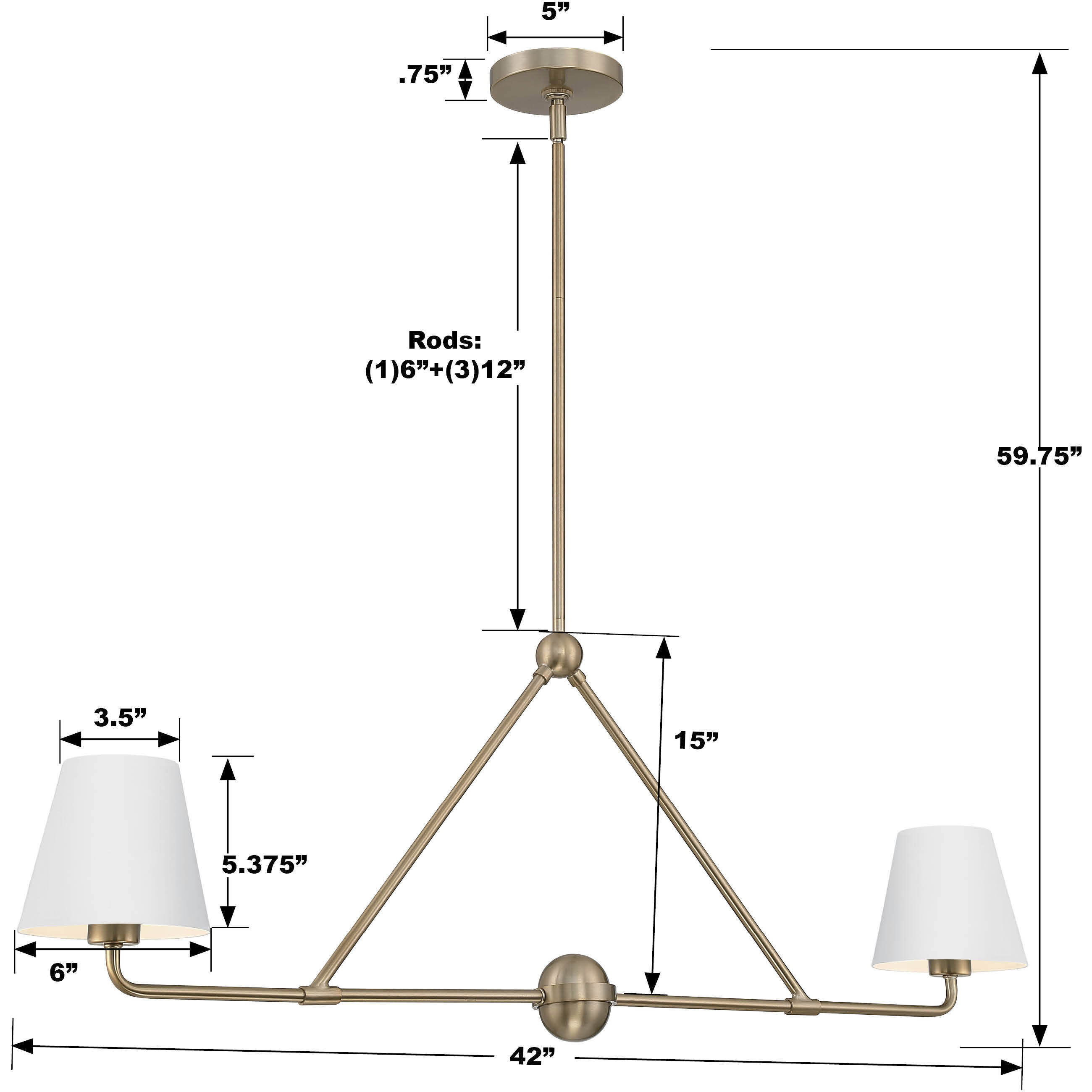 Xavier 2 Light 42 inch Vibrant Gold Linear Chandelier Ceiling Light in Vibrant Gold and White