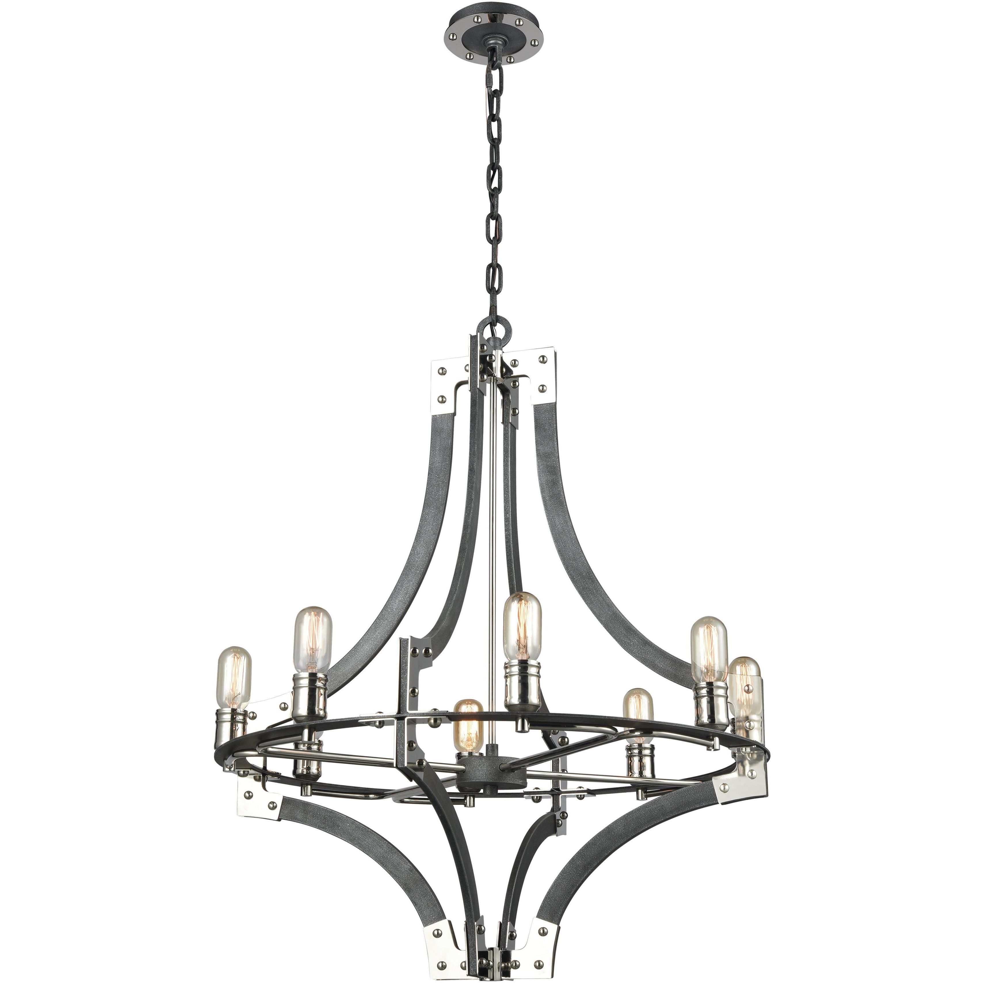 Riveted Plate 8 Light 28 inch Silverdust Iron with Polished Nickel Chandelier Ceiling Light