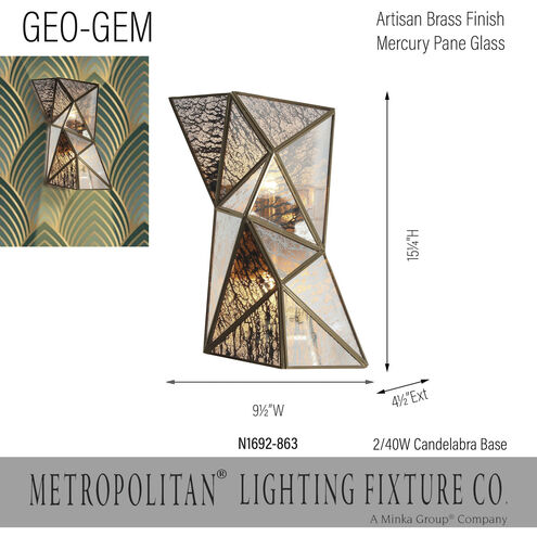 Geo-Gem 2 Light 9.5 inch Brass Antique Wall Sconce Wall Light