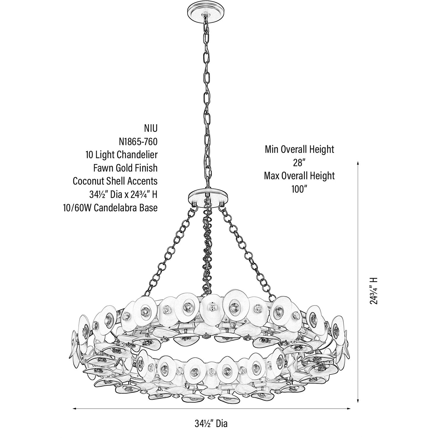 Niu 10 Light 34.5 inch Coconut Shell Gold / Coconut Shell White Pendant Ceiling Light