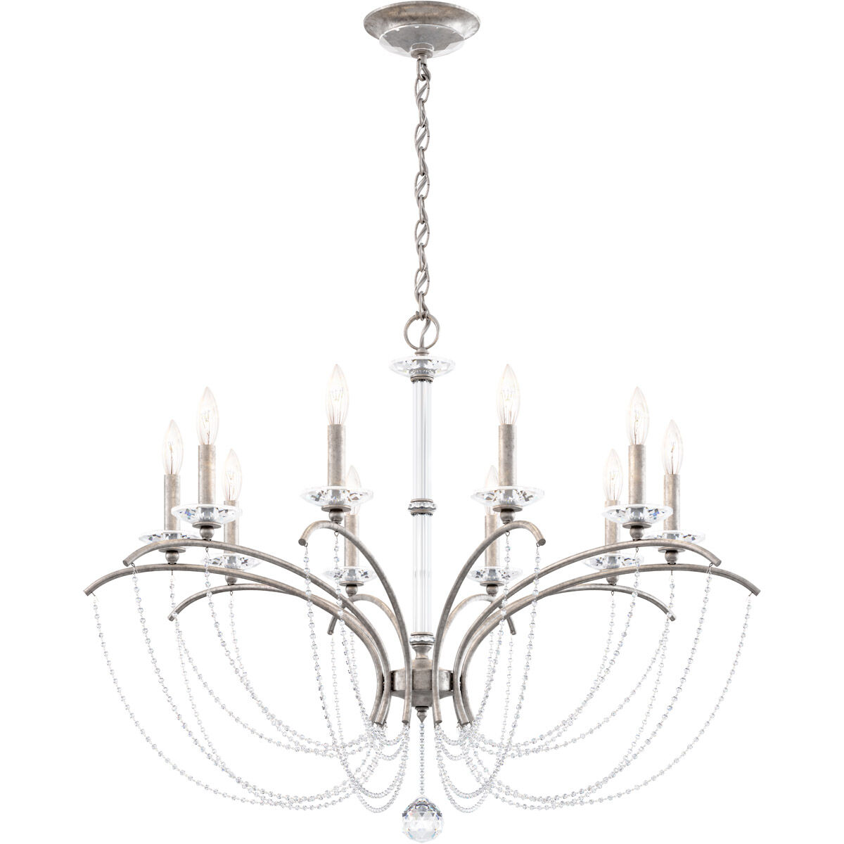 Priscilla 10 Light Antique Silver Chandelier Ceiling Light in Optic, Adjustable Height