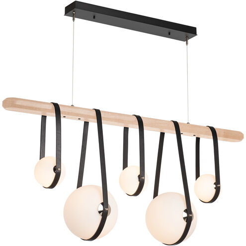 Derby LED 52 inch Black and Antique Brass Linear Pendant Ceiling Light in Black/Antique Brass, Black Leather with Maple Natural