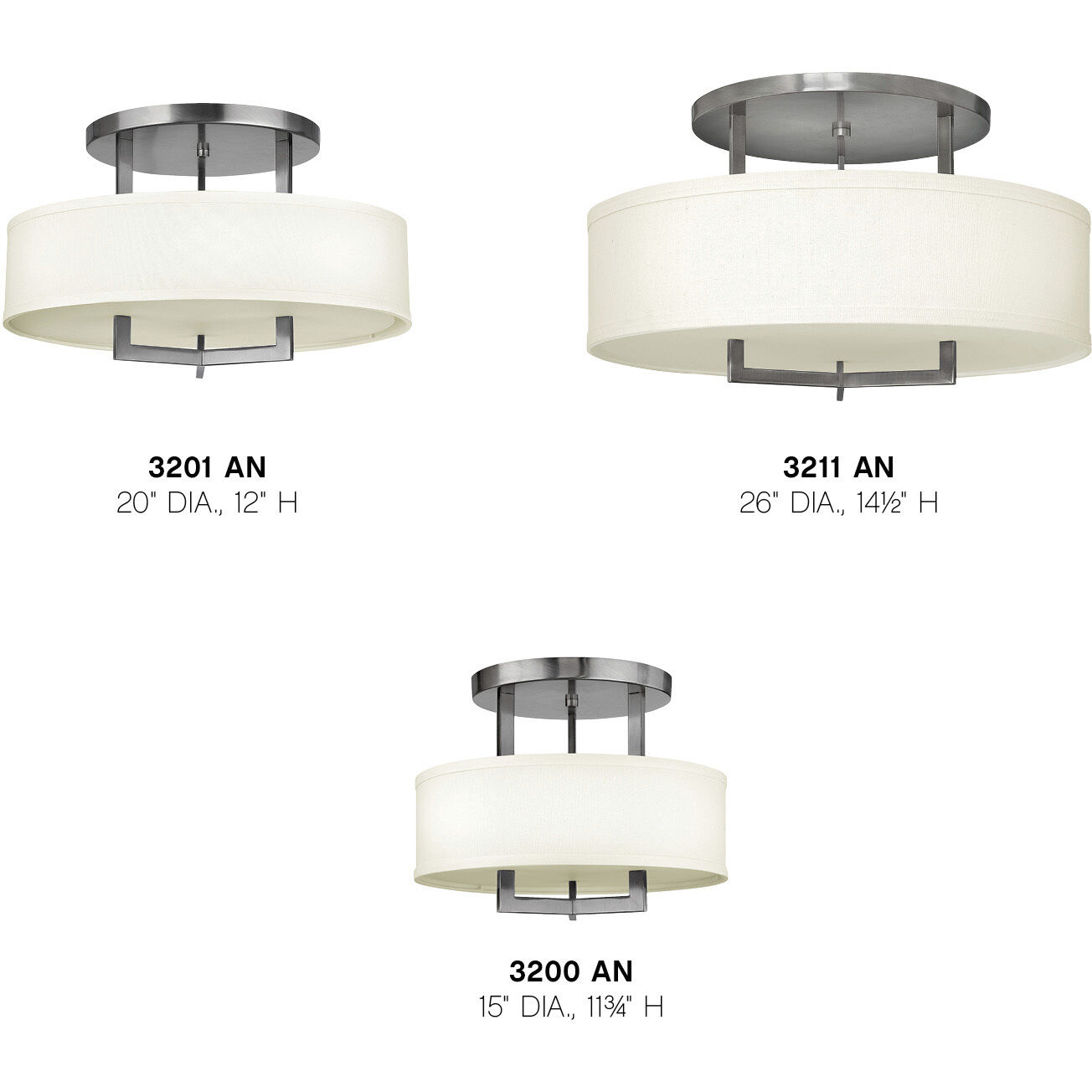 Hampton 3 Light 26 inch Antique Nickel Indoor Semi-Flush Mount Ceiling Light in Non-LED
